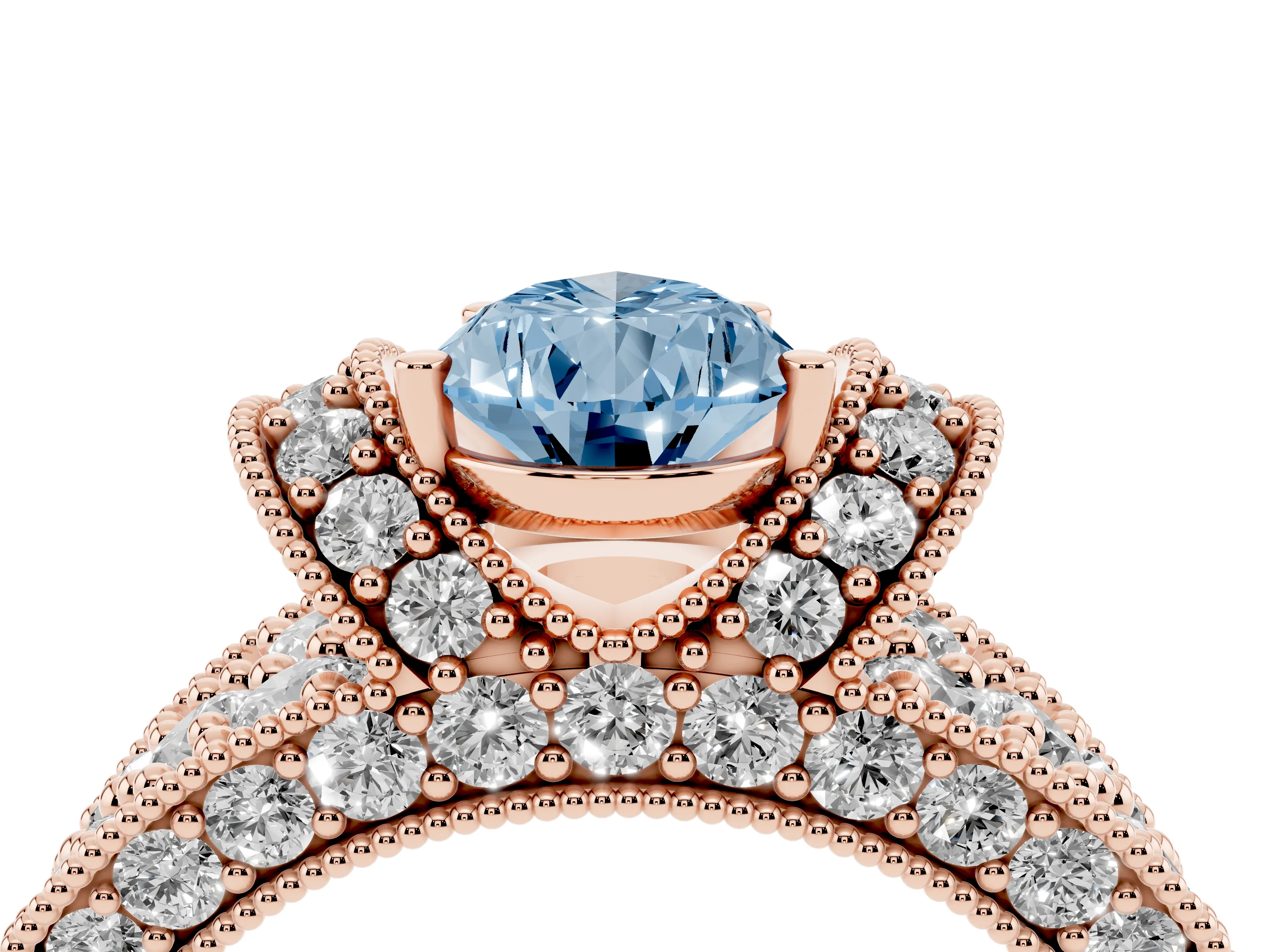 Fancy Blue Pear Cut Diamond Milgrain Halo Pavé Engagement Ring Set in Rose gold with Prong Setting