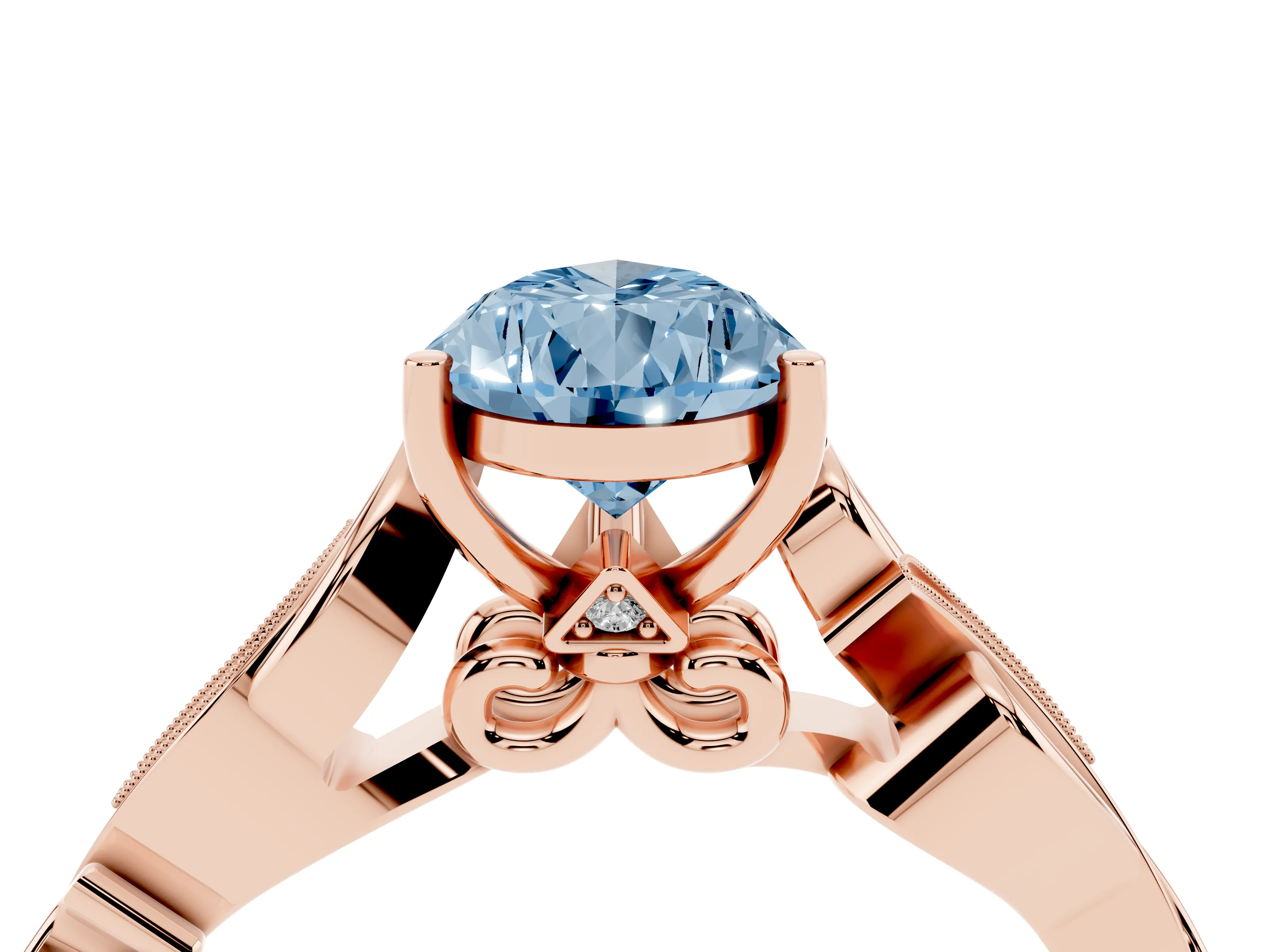 Fancy Blue Pear Cut Diamond Vine Band Solitaire Ring Set in Rose gold with Milgrain Prong Setting