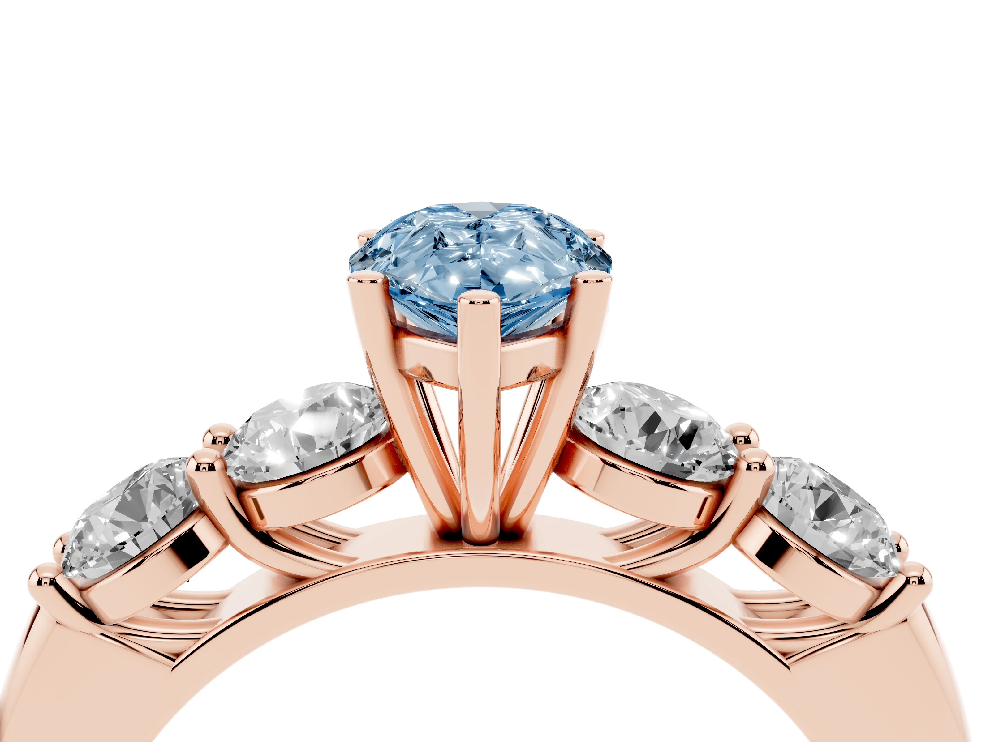 Fancy Blue Pear Cut Diamond Five-Stone Prong Set Ring Set in Rose gold with Classic Band