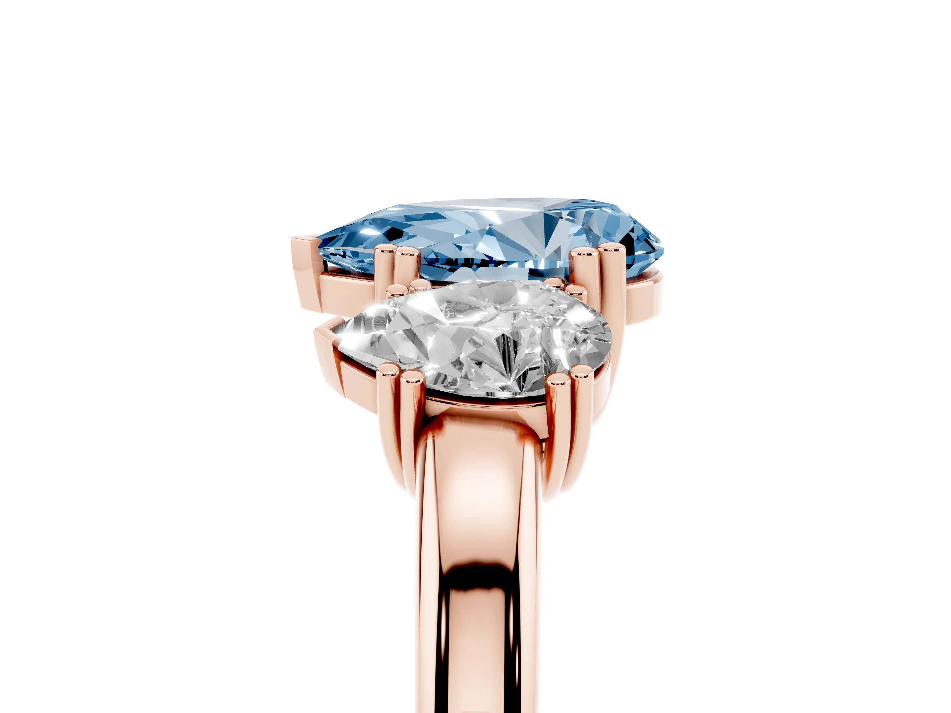 Fancy Blue Pear Cut Diamond Three-Stone Ring Set in Rose gold with Polished Channel-Set Band