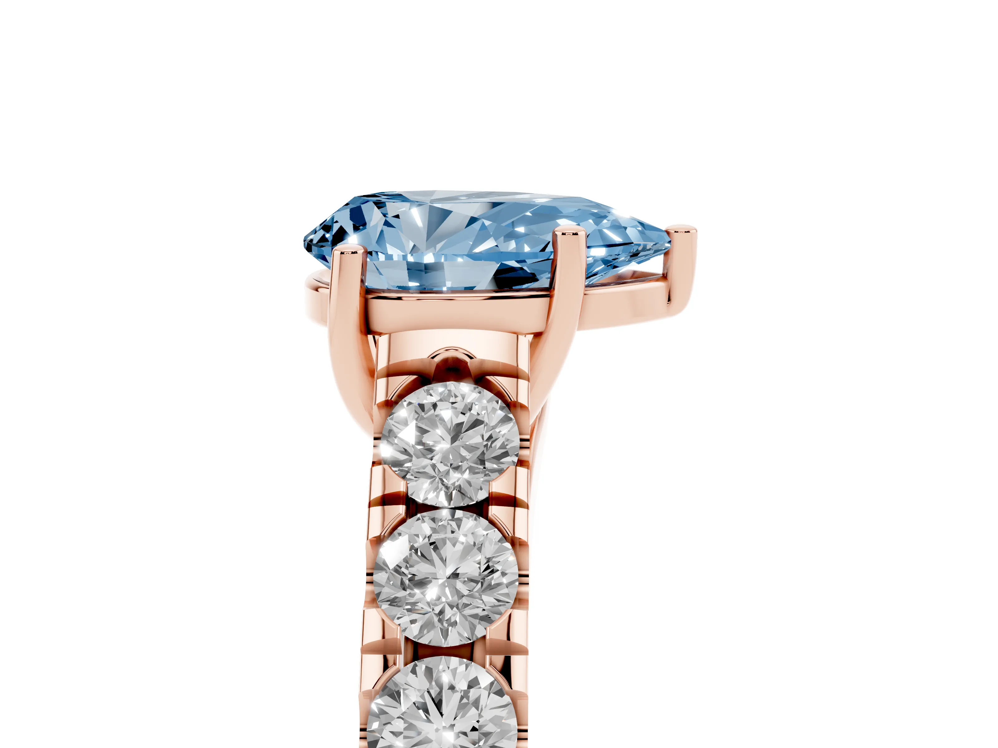 Fancy Blue Pear Cut Diamond Solitaire Ring Set in Rose gold with Cut-Down Micro Pavé Band and Prong Setting