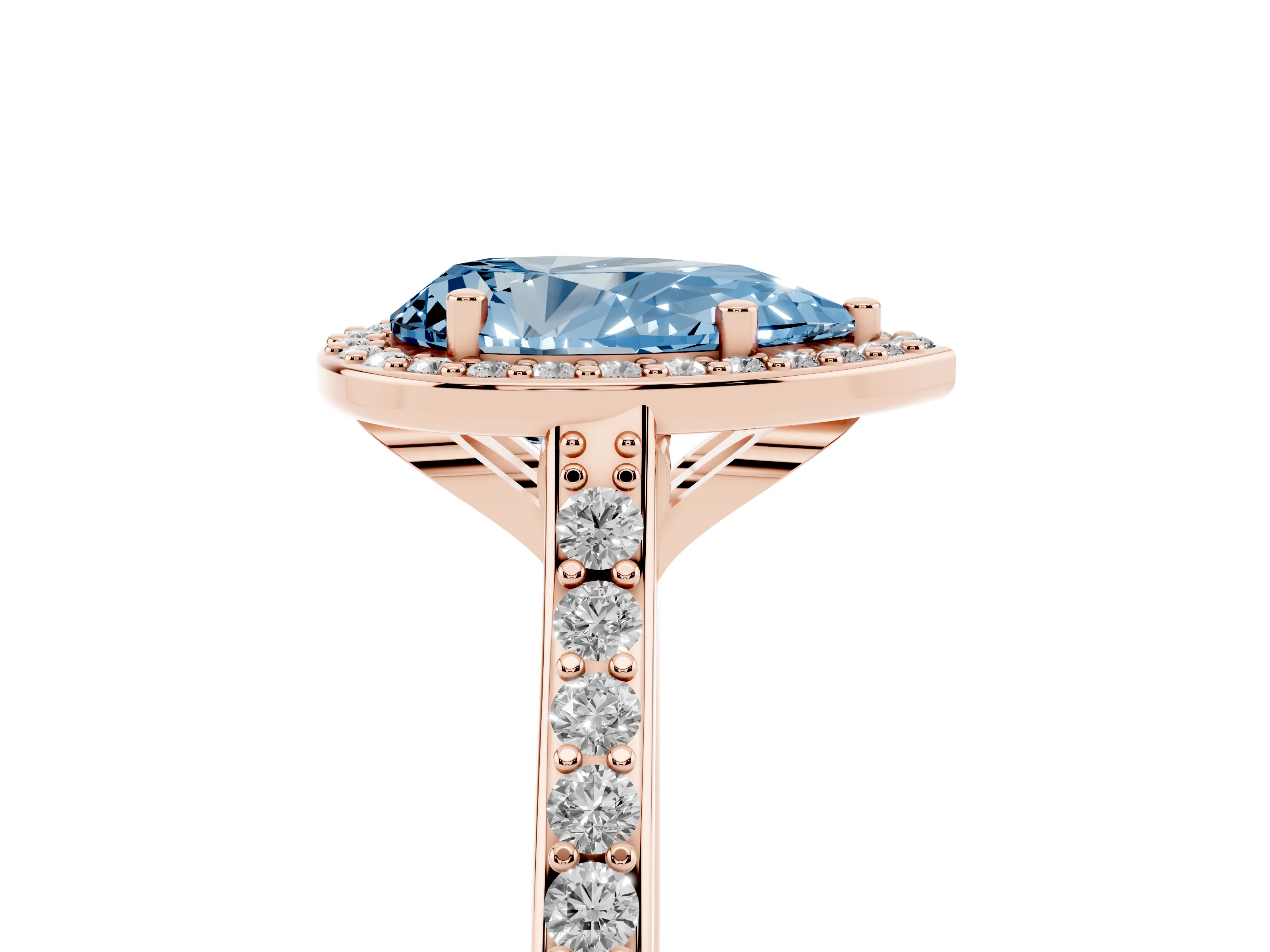 Fancy Blue Pear Cut Diamond Halo Engagement Ring Set in Rose gold with Round Pavé Shoulders and Heart Gallery