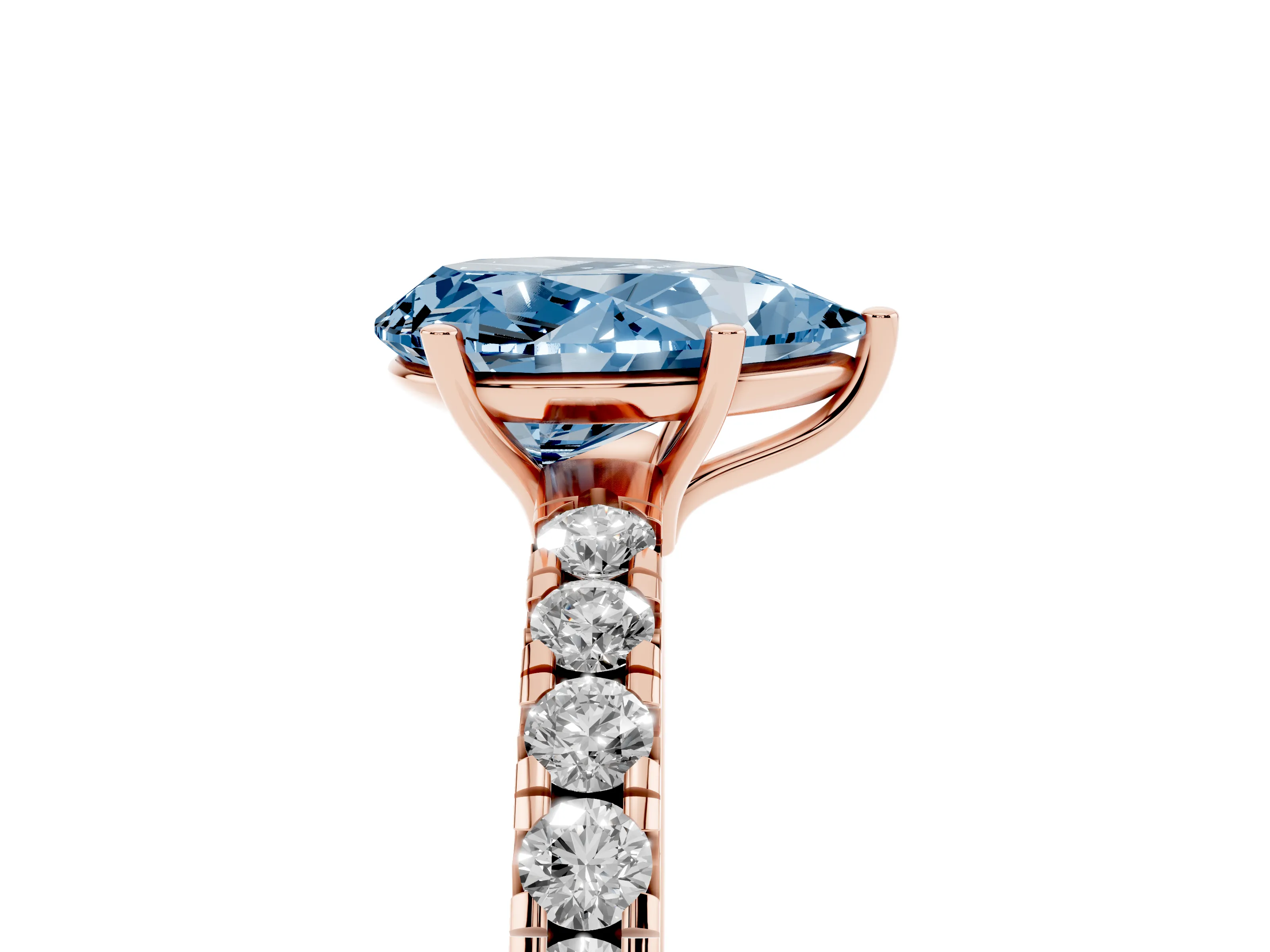 Fancy Blue Pear Cut Diamond Pavé Solitaire Engagement Ring Set in Rose gold with Prong Setting