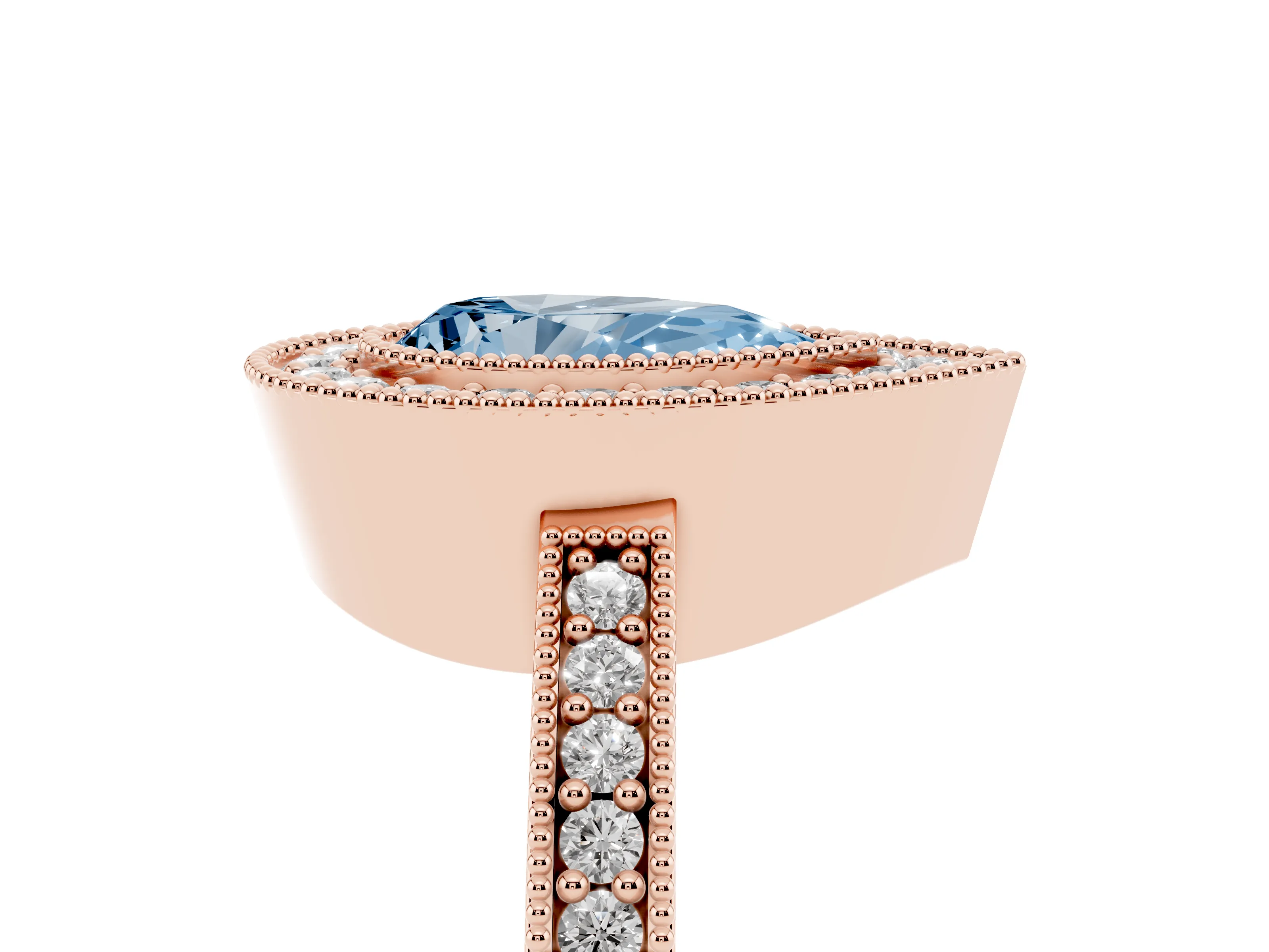 Fancy Blue Pear Cut Diamond Halo Engagement Ring Set in Rose gold with Pavé Band and Round Halo Stones