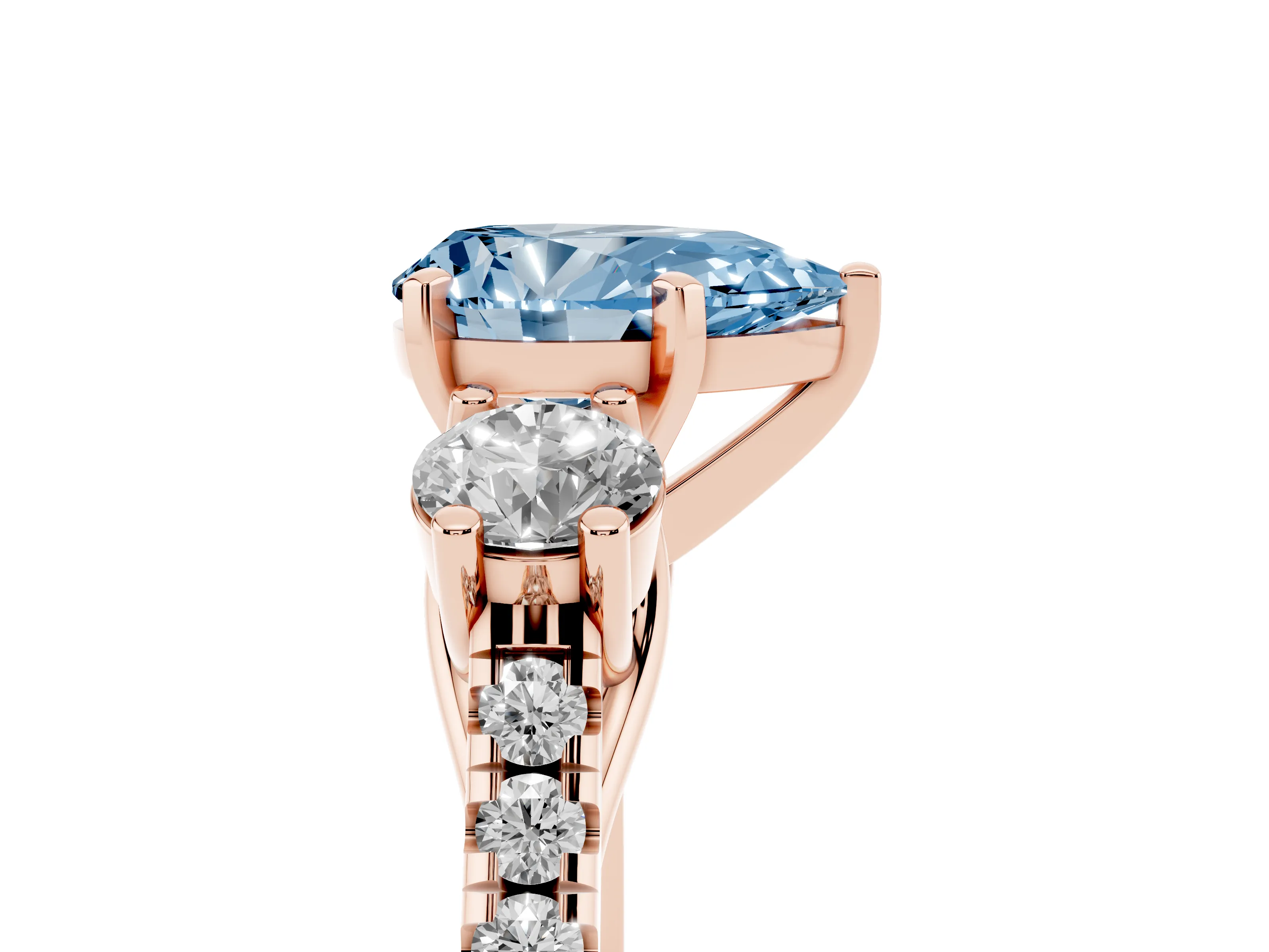 Fancy Blue Three-Stone Pear Cut Diamond Pavé Band Ring Set in Rose gold with Prong-Set Trio