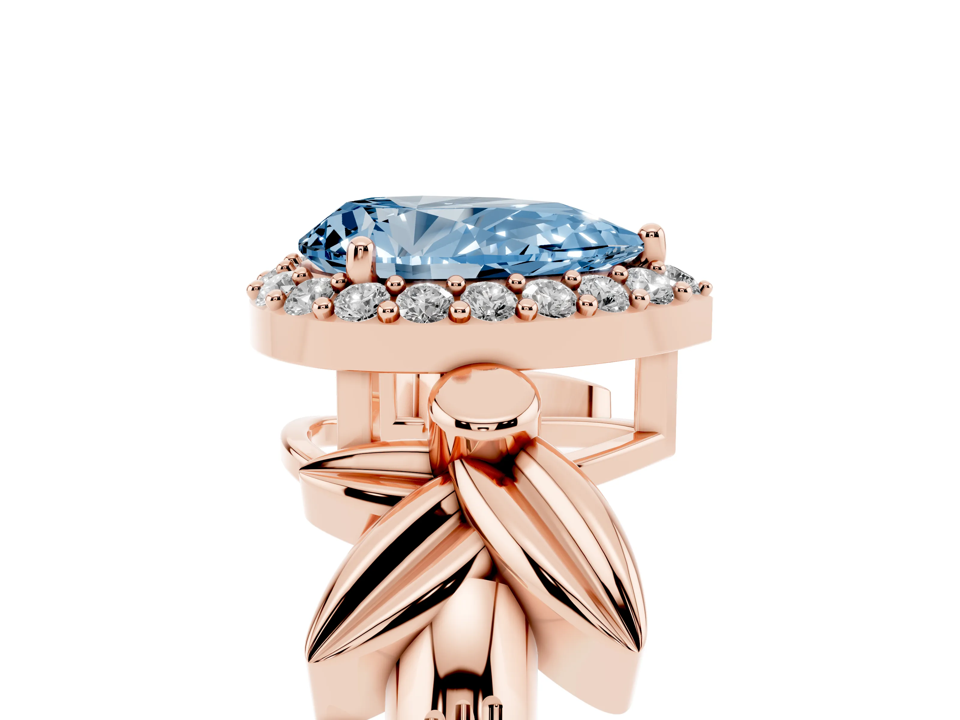 Fancy Blue Pear Cut Diamond Halo Floral Band Ring Set in Rose gold with Prong Setting