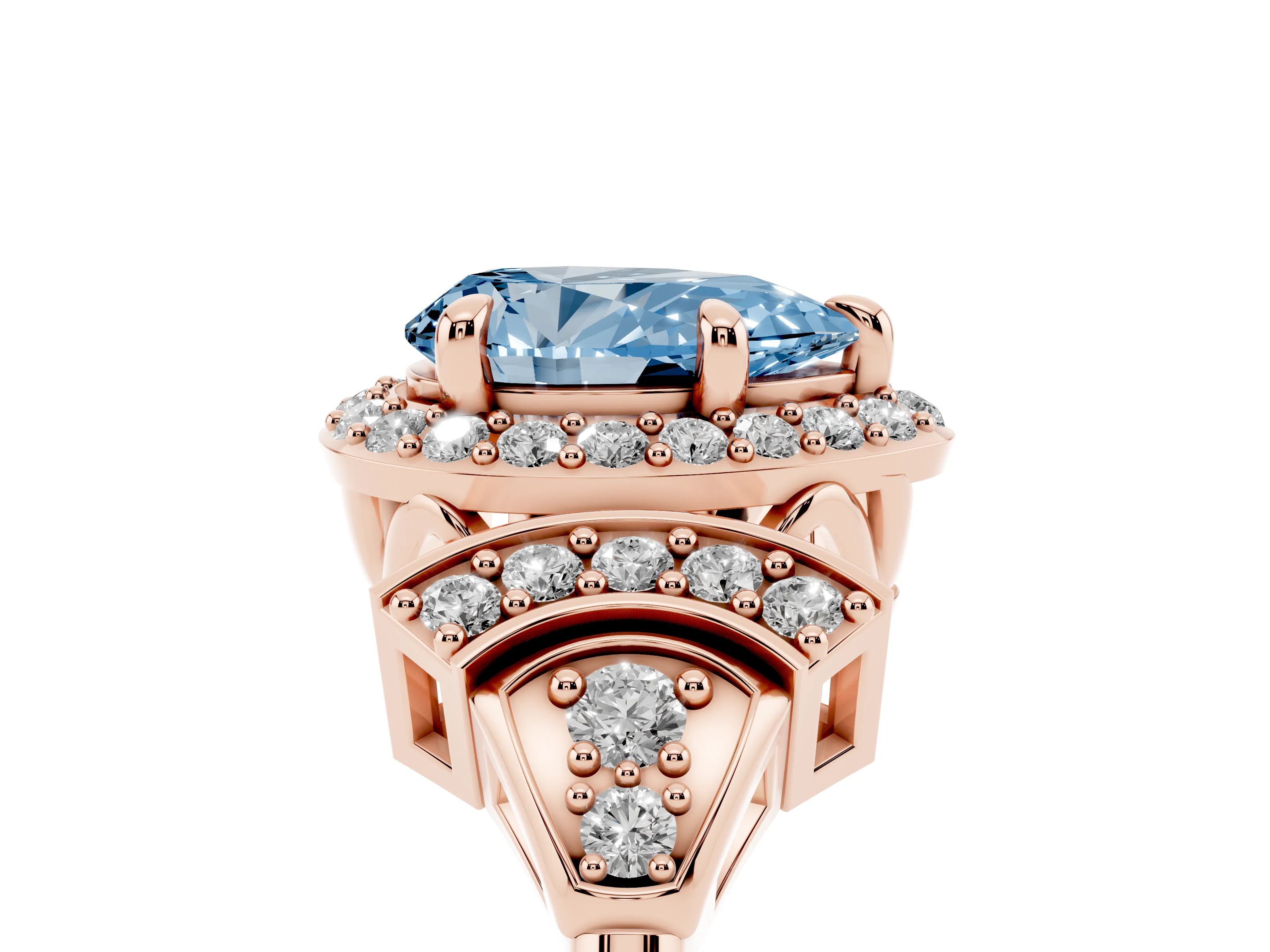 Fancy Blue Pear Cut Diamond Halo Engagement Ring Set in Rose gold with Accent Stone Split Shank