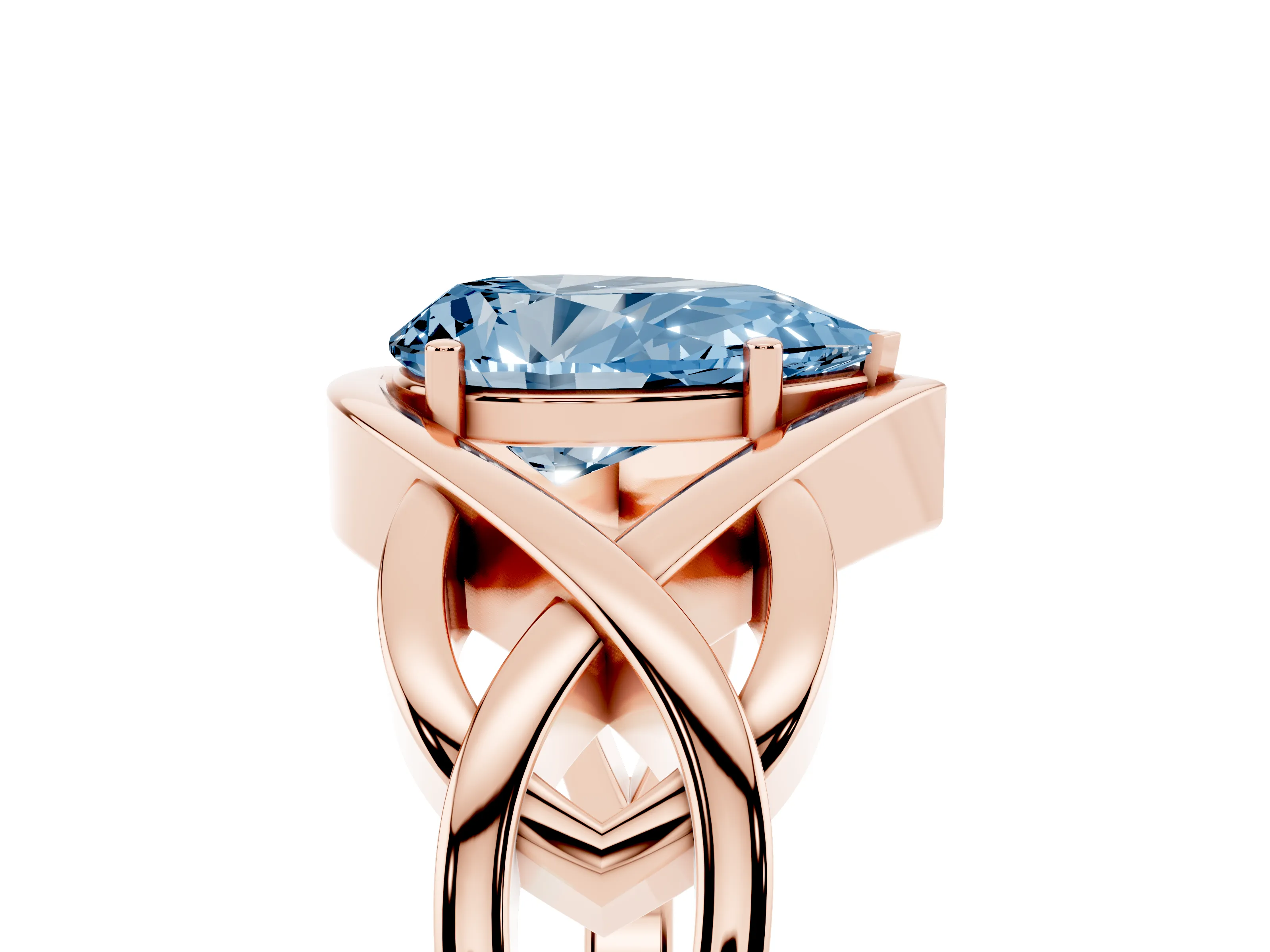 Fancy Blue Pear Cut Diamond Solitaire Ring Set in Rose gold with Intertwined Band