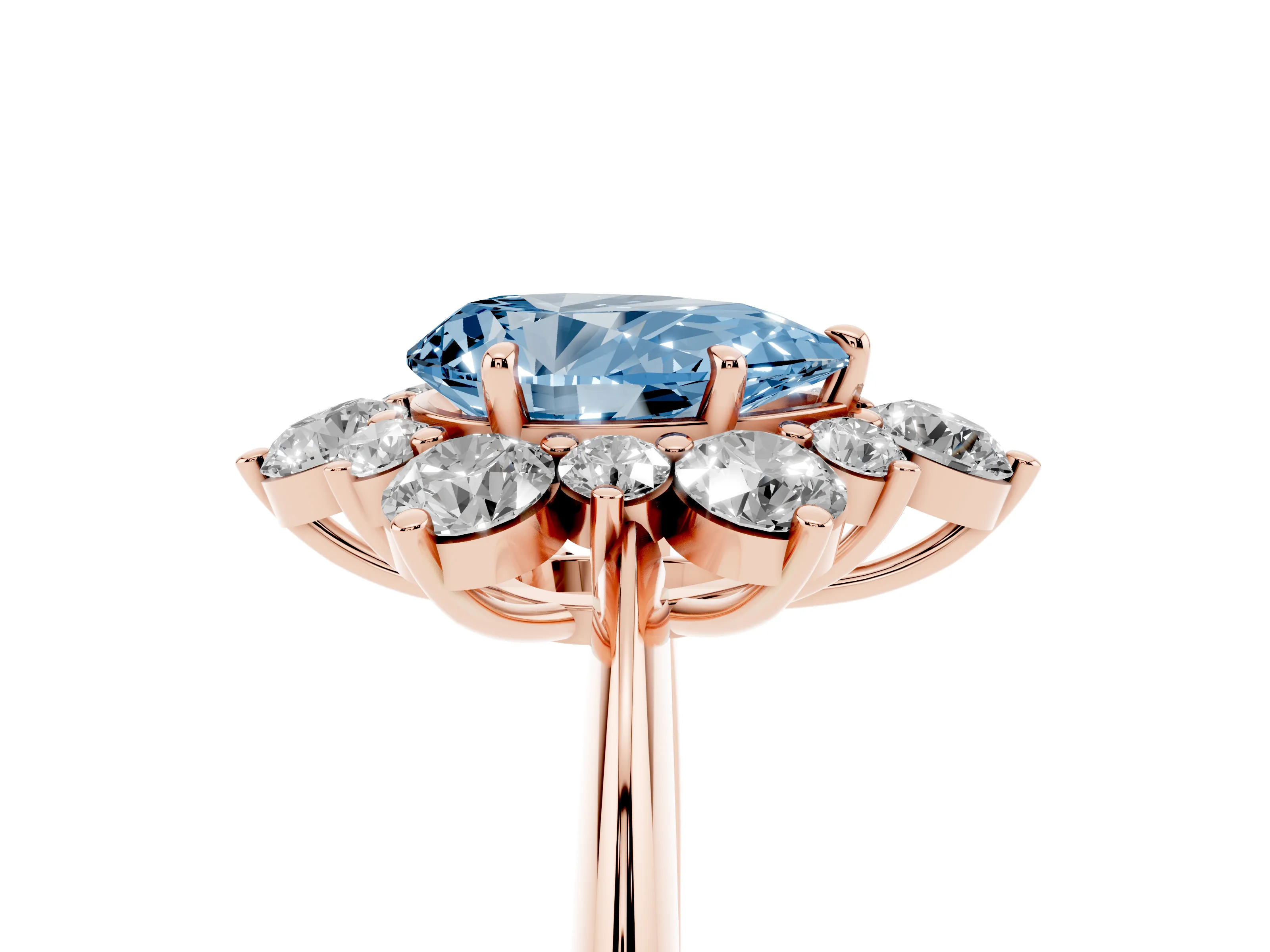 Fancy Blue Pear Cut Diamond Cluster Halo Ring Set in Rose gold with Solitaire Band and Prong Setting