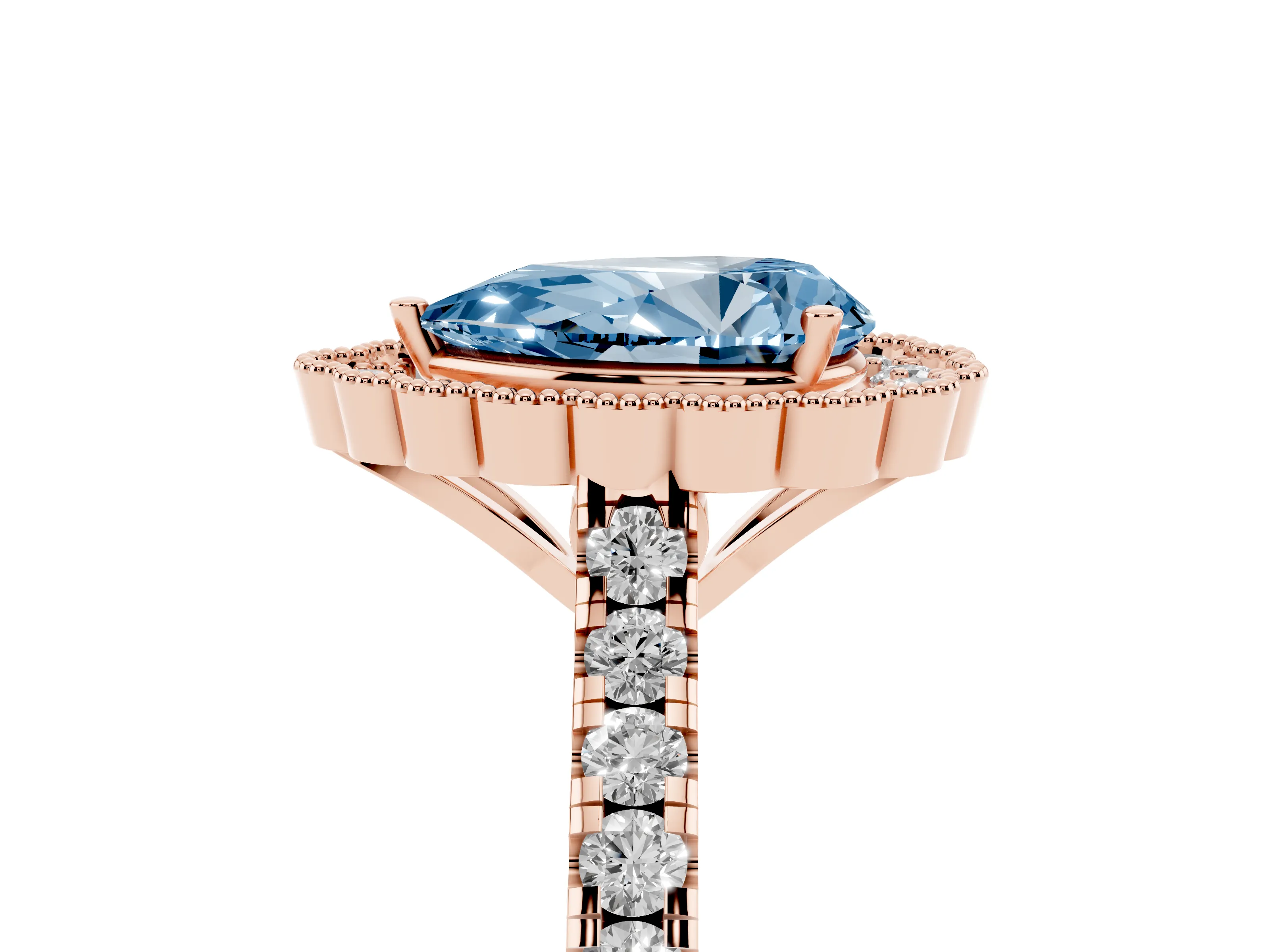 Fancy Blue Pear Cut Diamond Milgrain Floral Halo Engagement Ring Set in Rose gold with Pavé Band