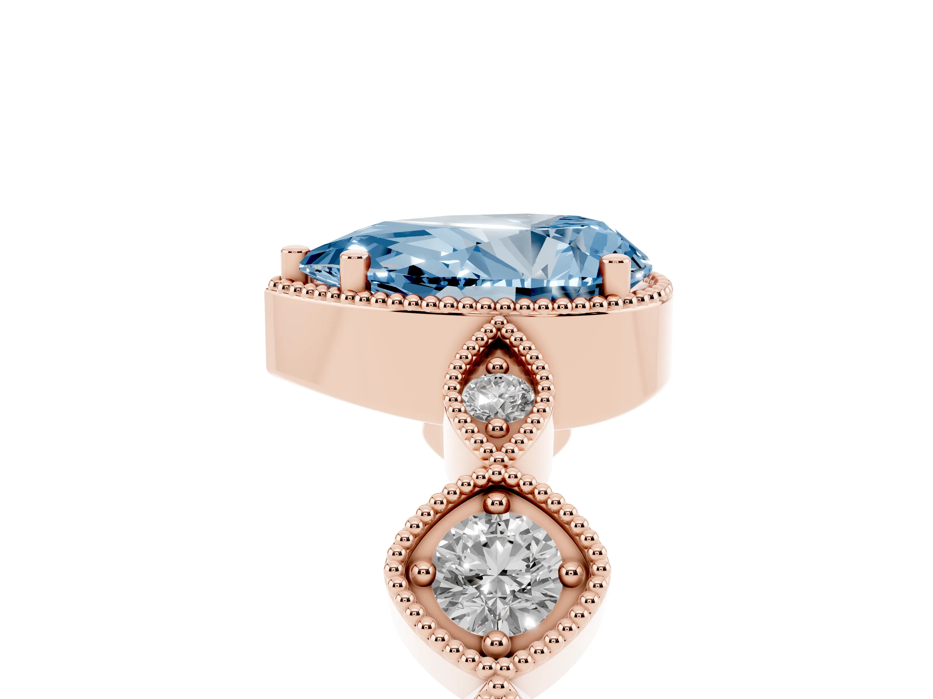 Fancy Blue Pear Cut Diamond Vintage-Inspired Milgrain Ring Set in Rose gold with Marquise Stations of Round Accents