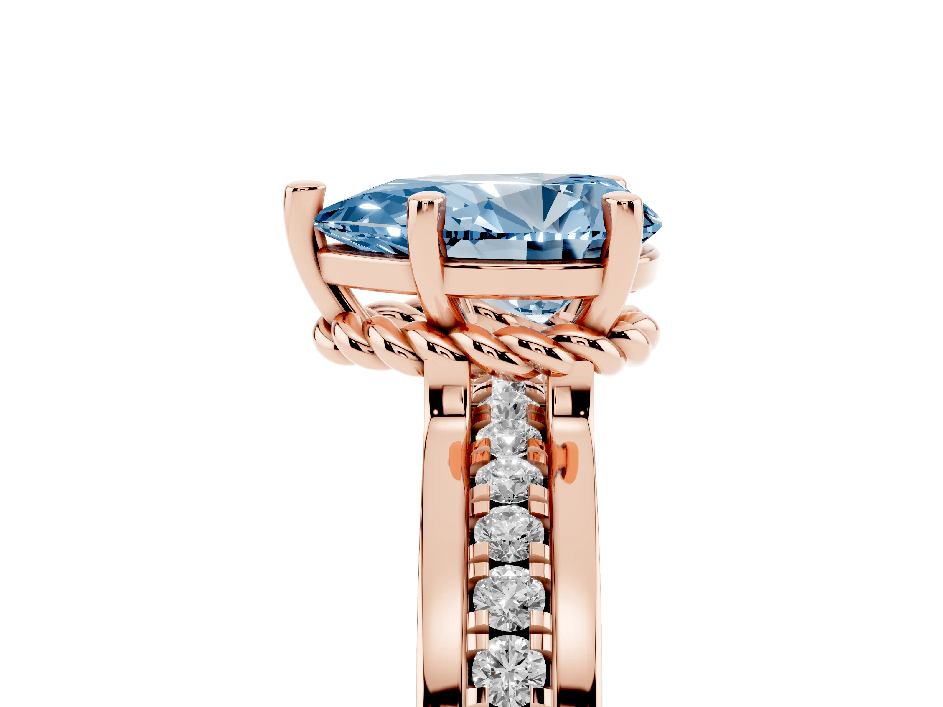 Fancy Blue Pear Cut Diamond Solitaire Ring Set in Rose gold with Channel Set Band and Prong Setting