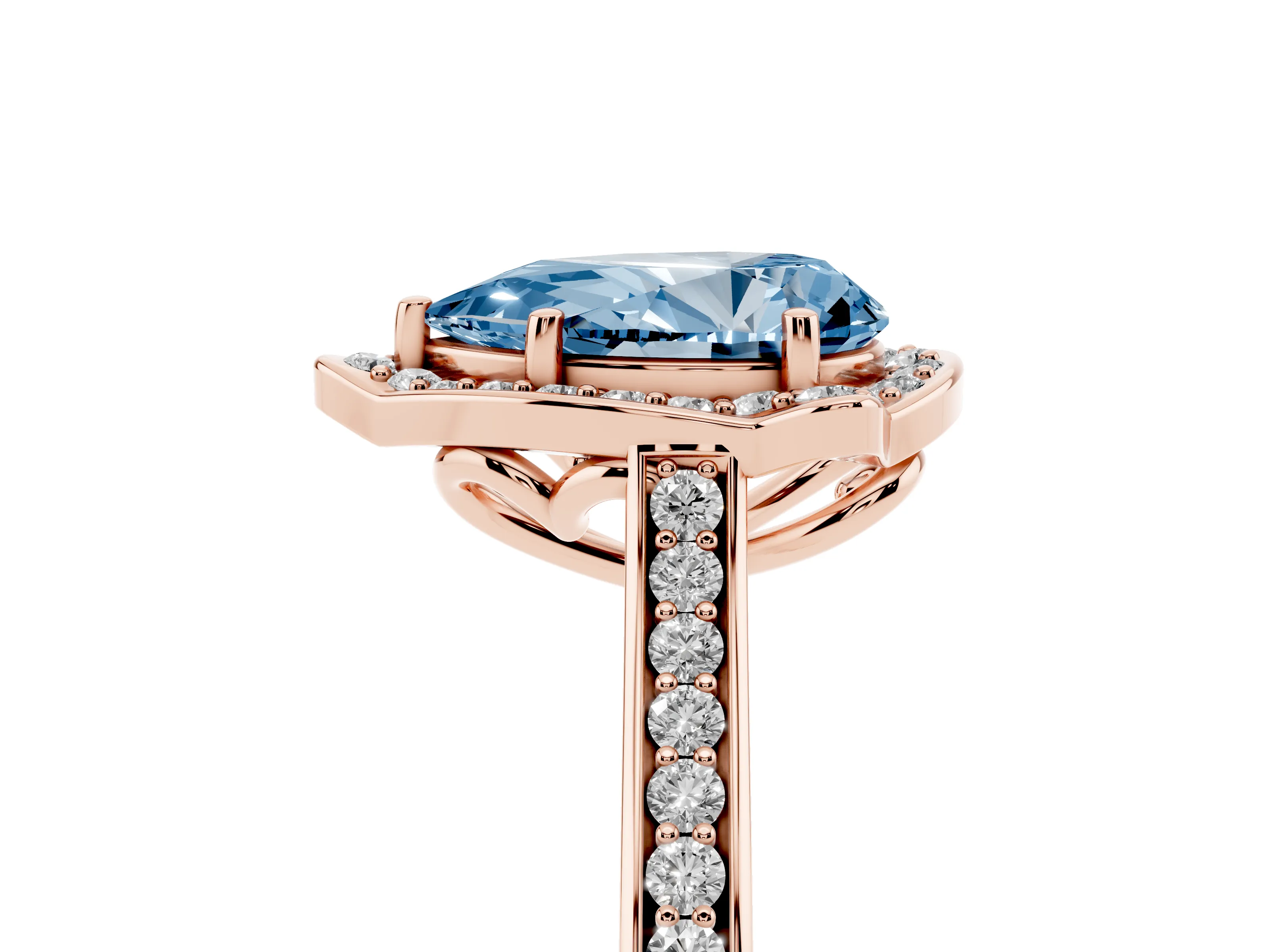 Fancy Blue Pear Cut Diamond Halo Ring Set in Rose gold with Pavé-Lined Shoulders and Prong Setting
