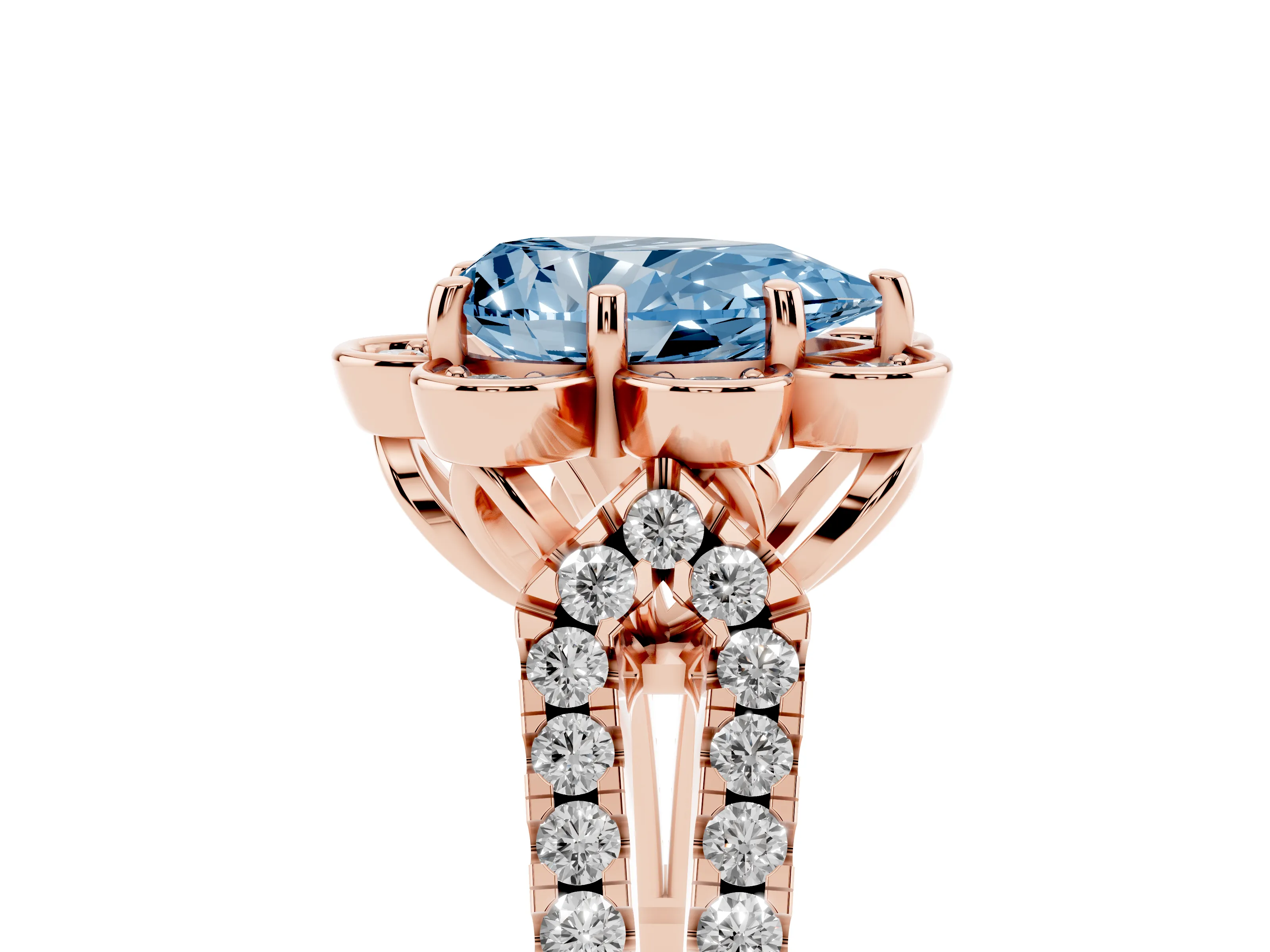 Fancy Blue Pear Cut Diamond Floral Halo Split Shank Engagement Ring Set in Rose gold with Pavé Shank