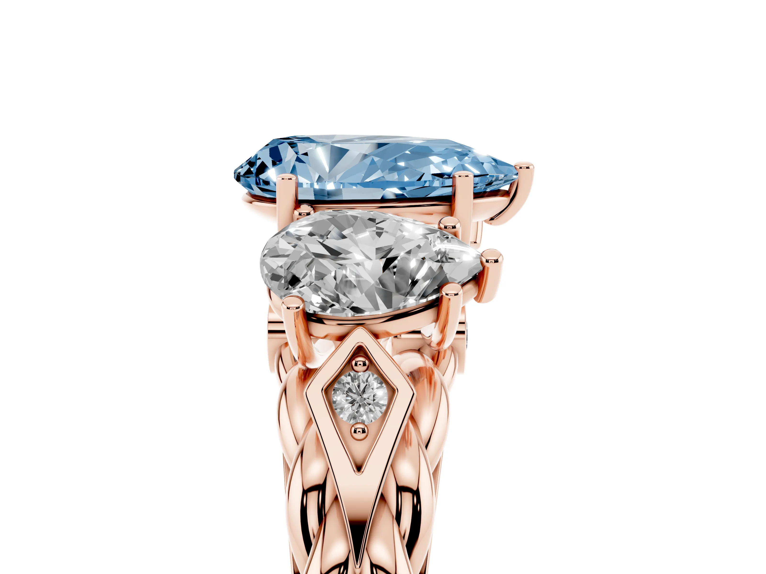 Fancy Blue Pear Cut Diamond Three-Stone Ring Set in Rose gold with Braided Band