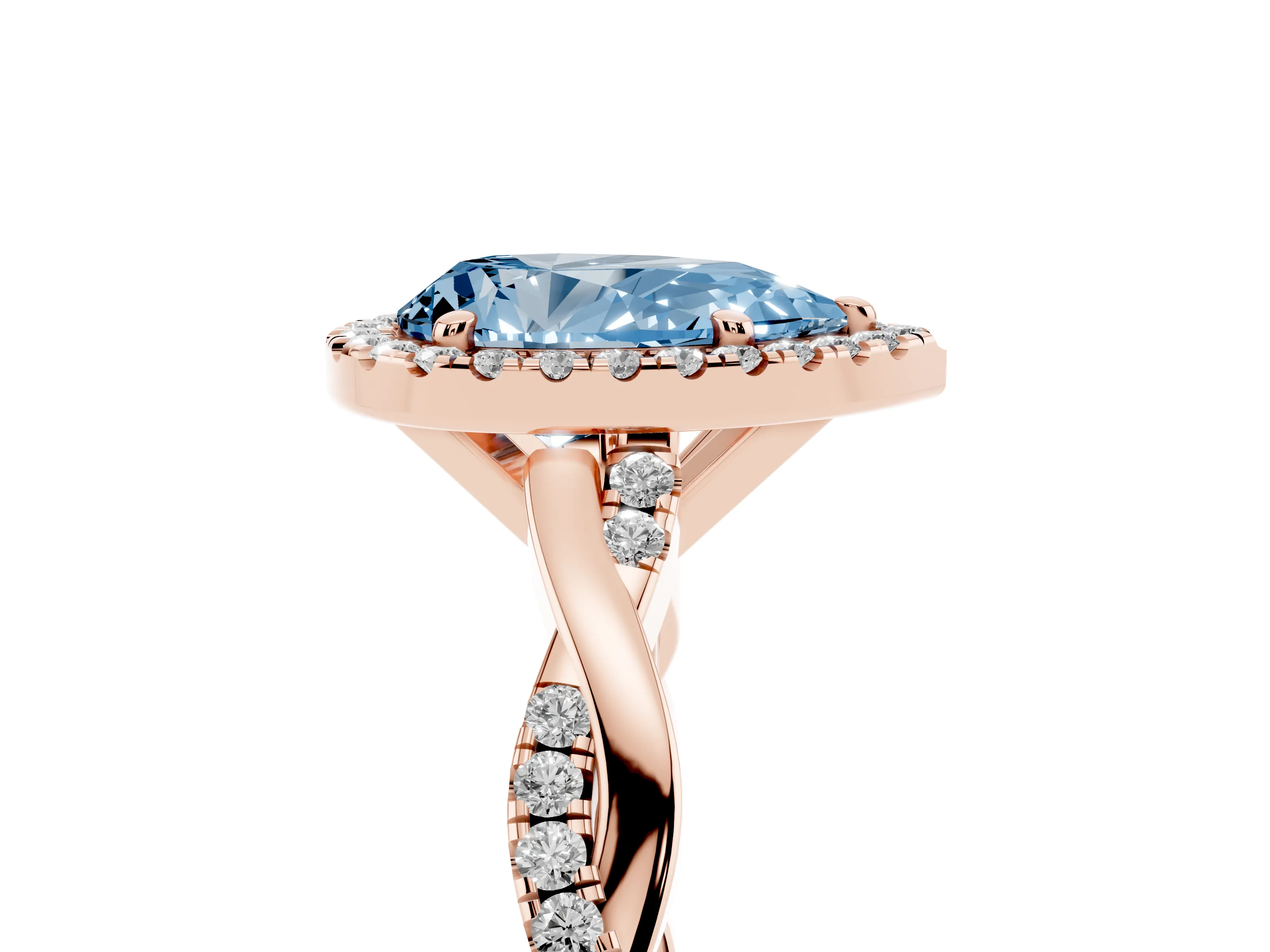 Fancy Blue Pear Cut Diamond Halo Twisted Band Ring Set in Rose gold with Prong Setting