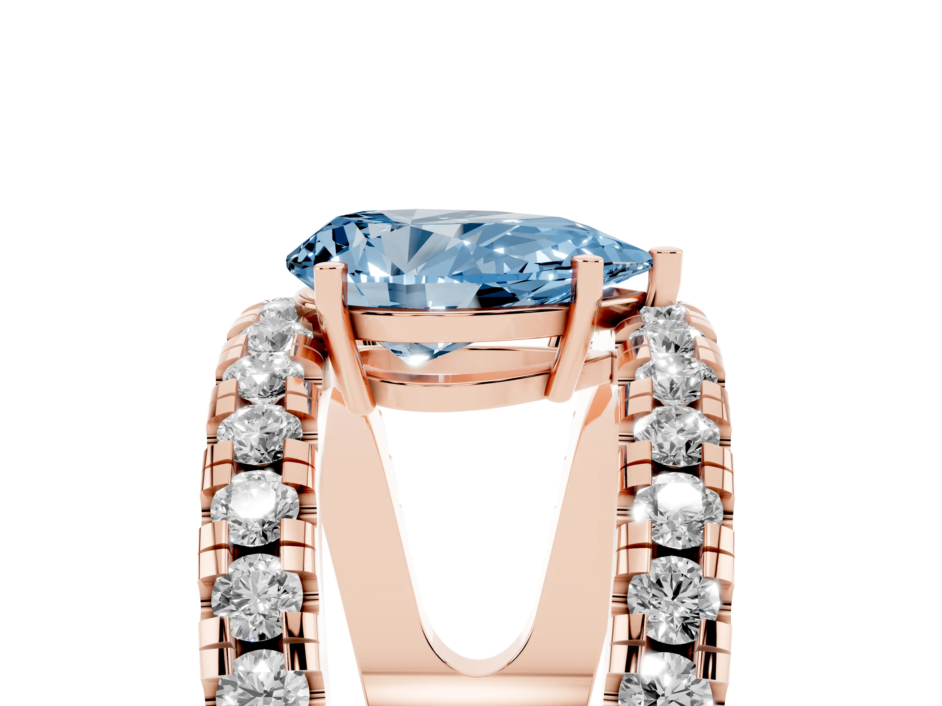 Fancy Blue Pear Cut Diamond Split Shank Pavé Solitaire Ring Set in Rose gold with Open Shank Design