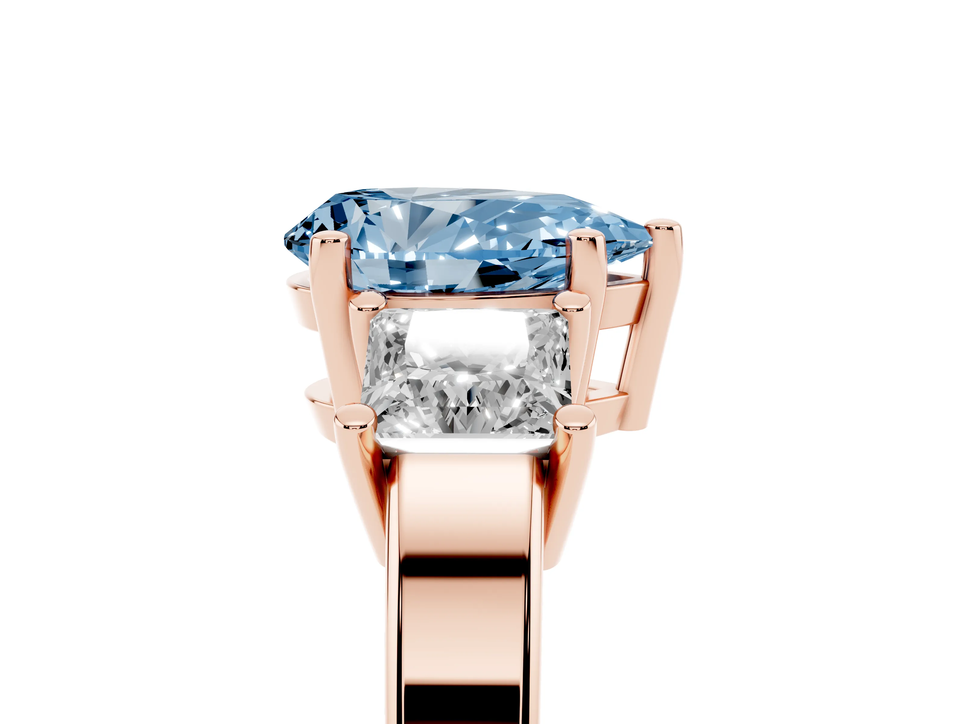 Fancy Blue Three-Stone Pear Cut Diamond Solitaire Ring Set in Rose gold with Prong Setting