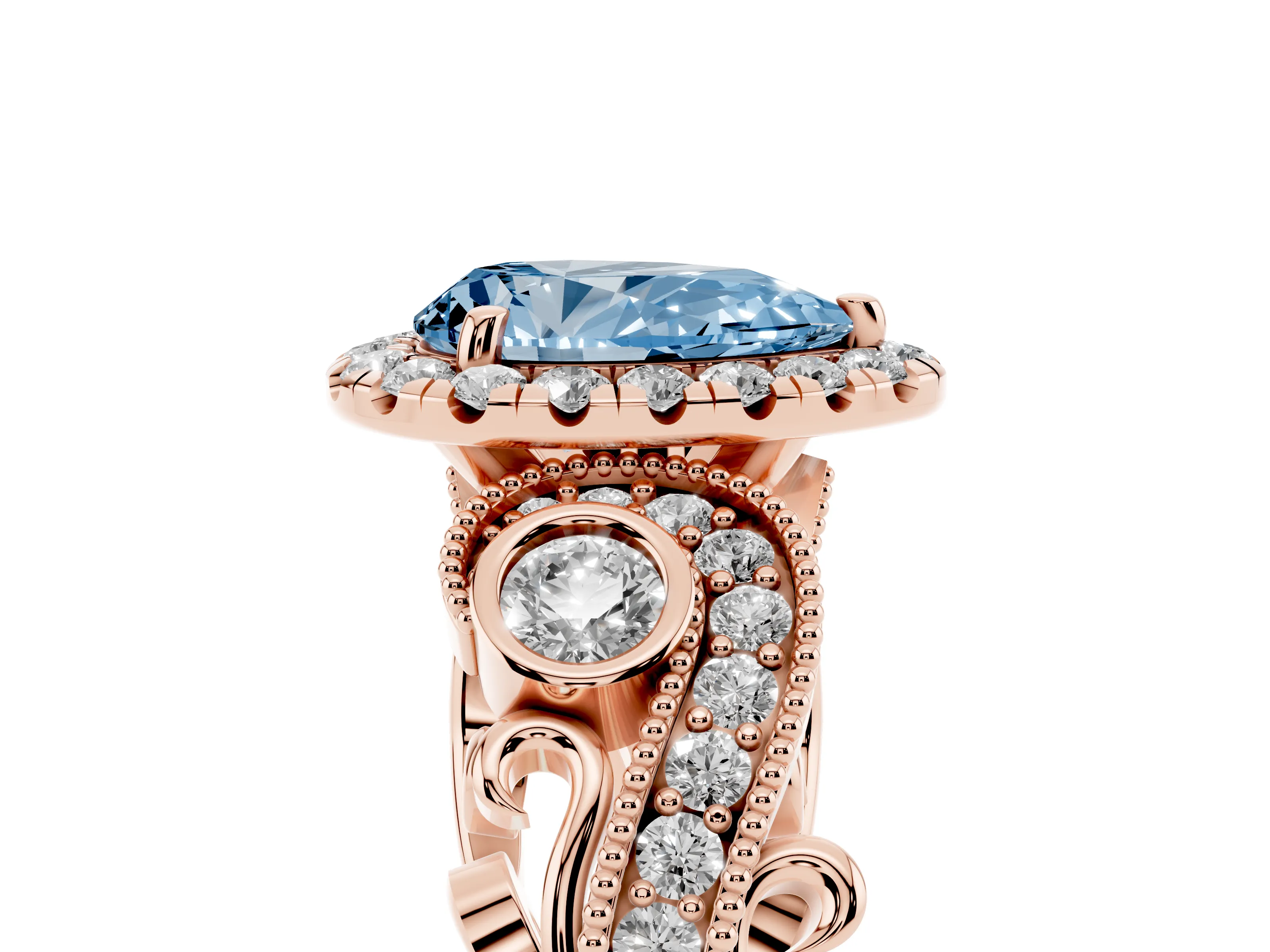 Fancy Blue Pear Cut Diamond Halo Ring Set in Rose gold with Milgrain Pavé Band and Prong Setting