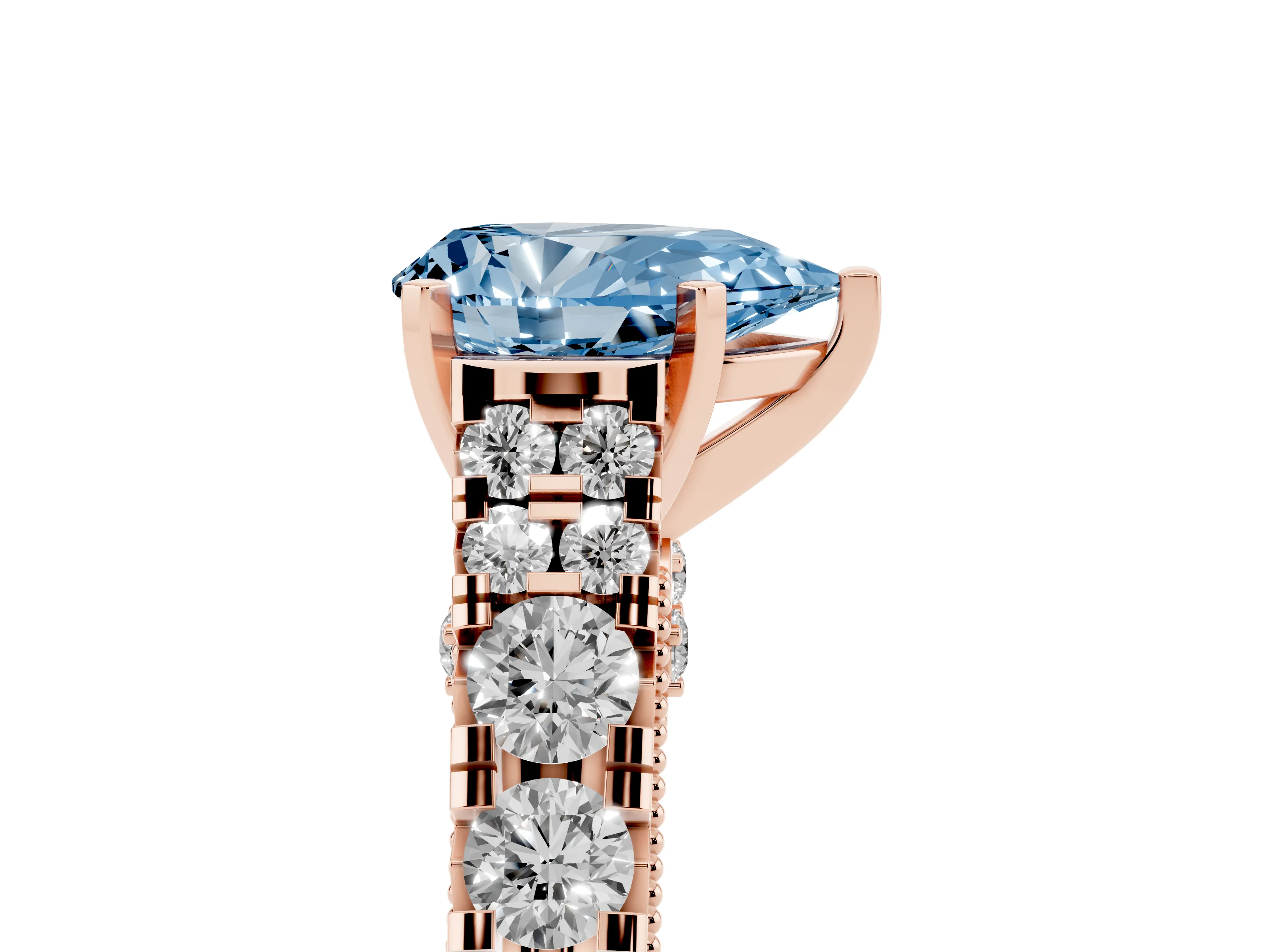 Fancy Blue Pear Cut Diamond Classic Solitaire Ring Set in Rose gold with Pavé Band and Prong Setting