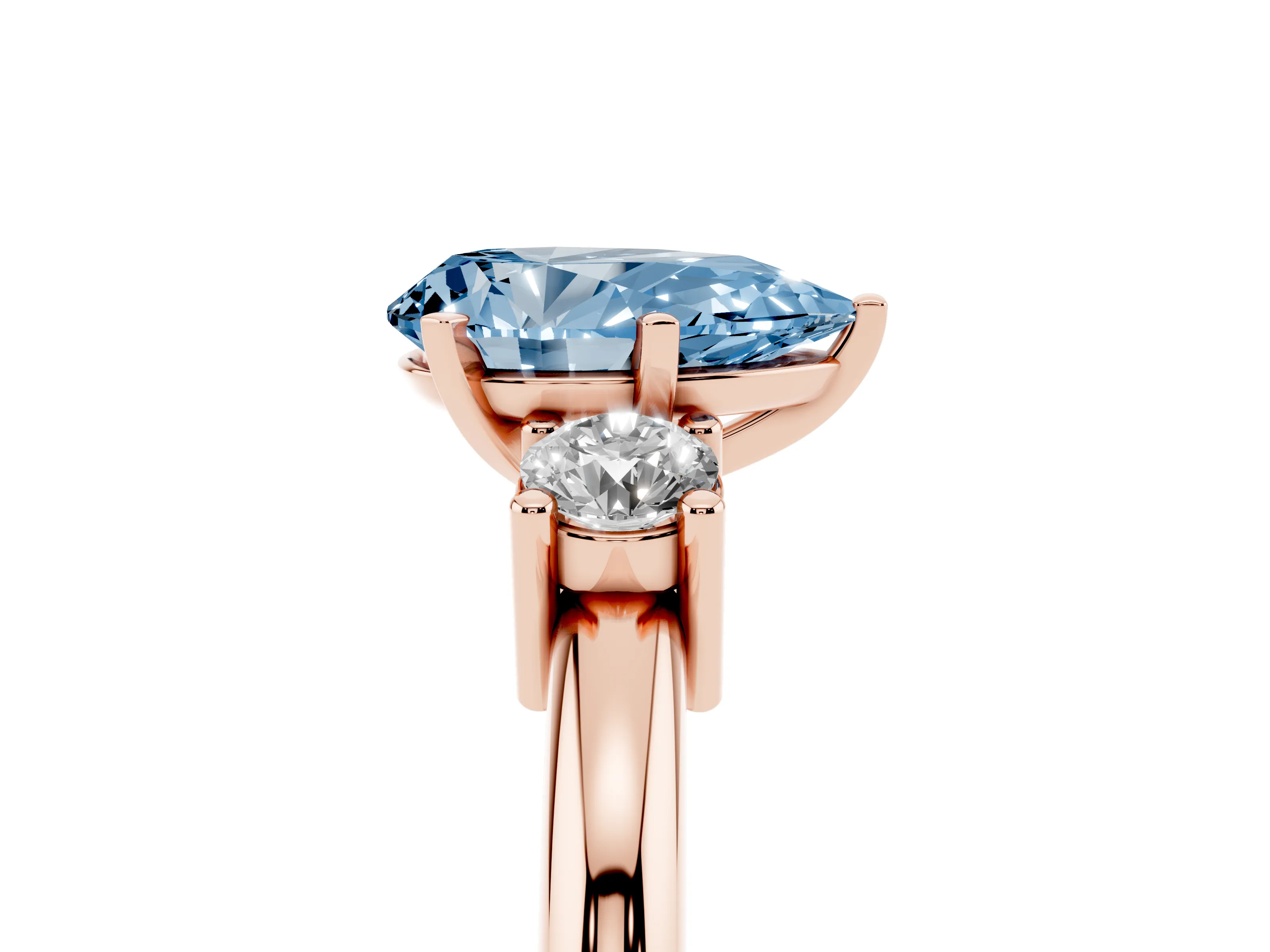 Fancy Blue Three-Stone Pear Cut Diamond Ring Set in Rose gold with Prong Setting and Plain Band