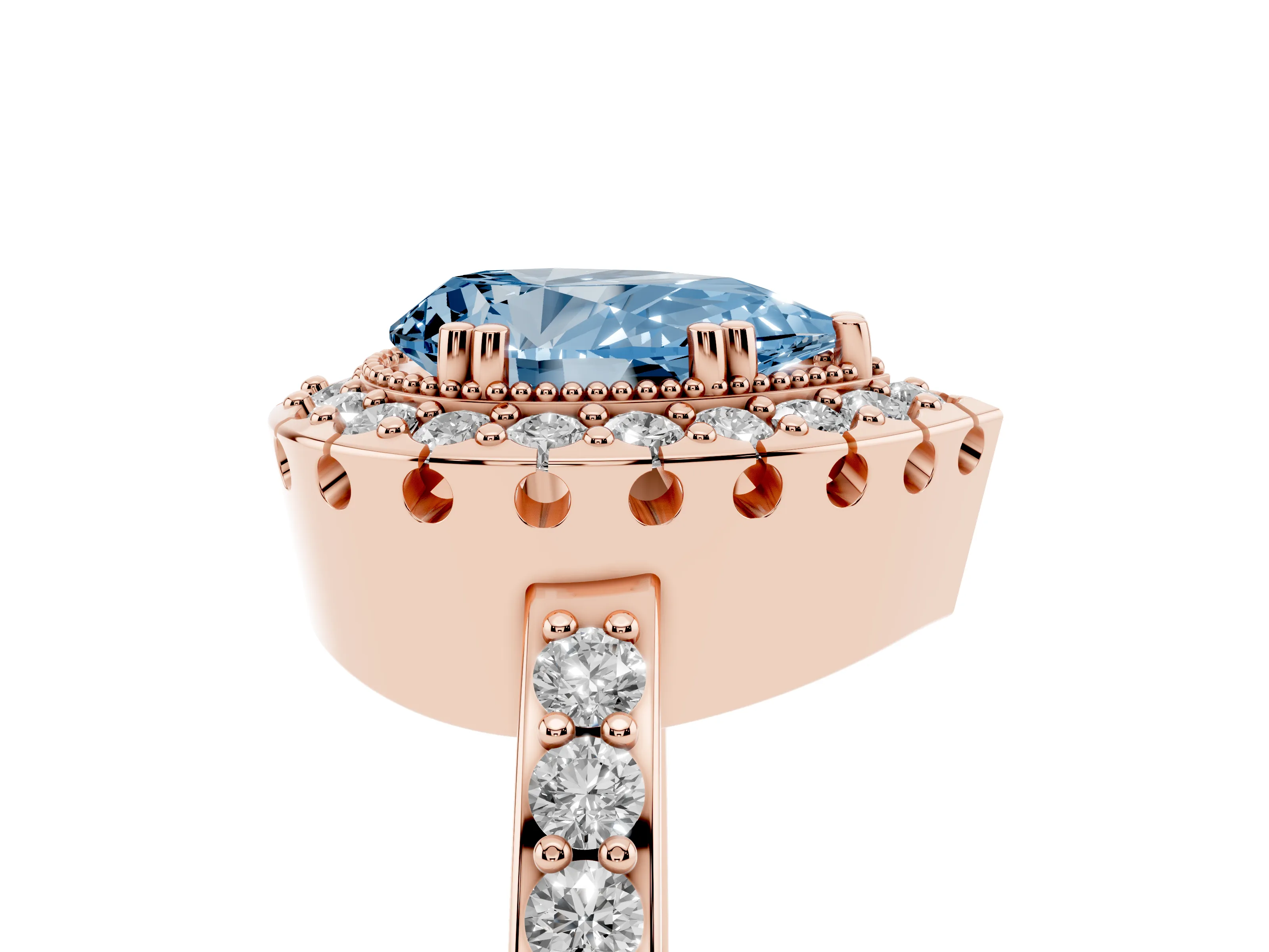 Fancy Blue Pear Cut Diamond Halo Ring Set in Rose gold with Pavé Shank and Prong Setting