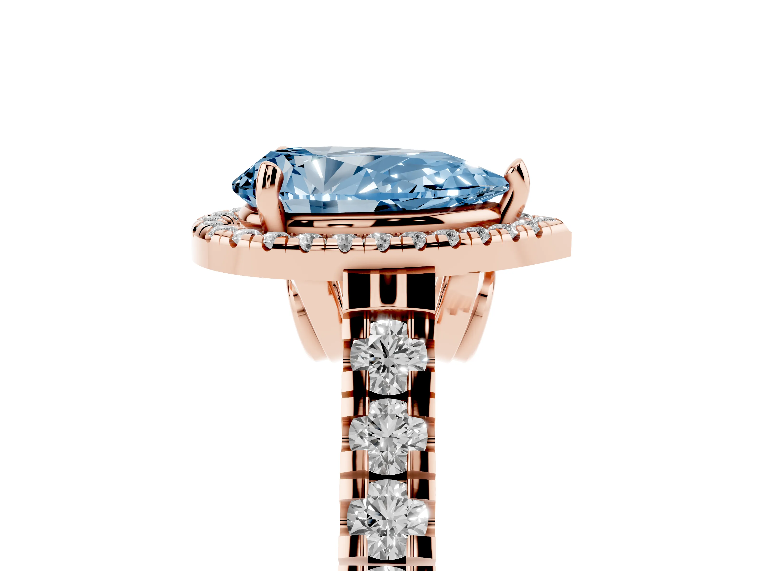 Fancy Blue Pear Cut Diamond Halo Engagement Ring Set in Rose gold with Pavé Band and Prong-Set Center