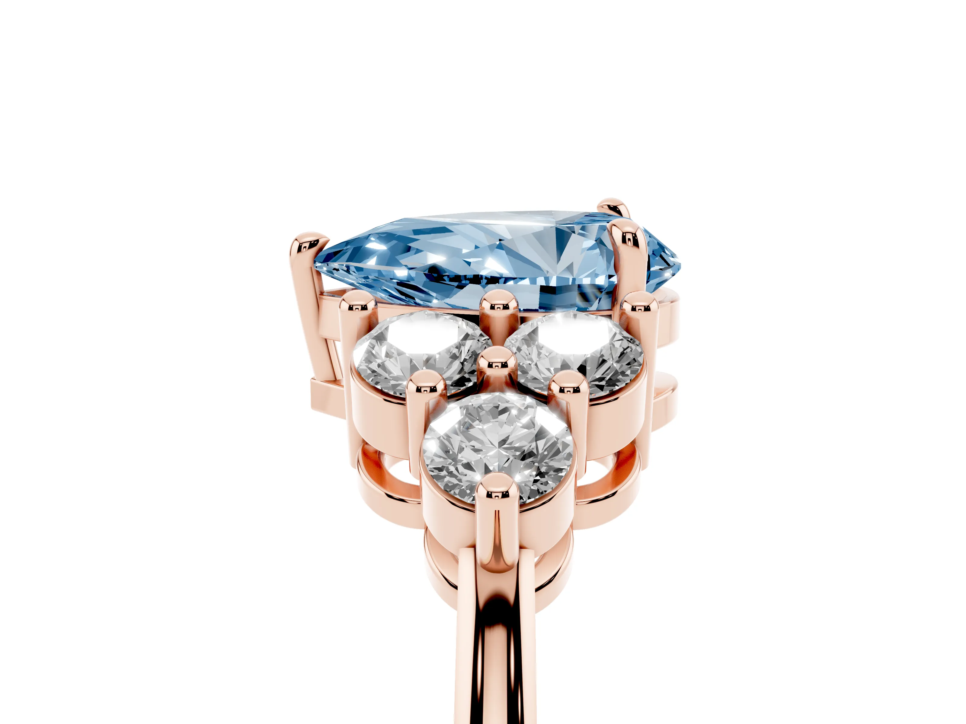 Fancy Blue Pear Cut Diamond Solitaire Ring Set in Rose gold with Cluster Accents on Each Side