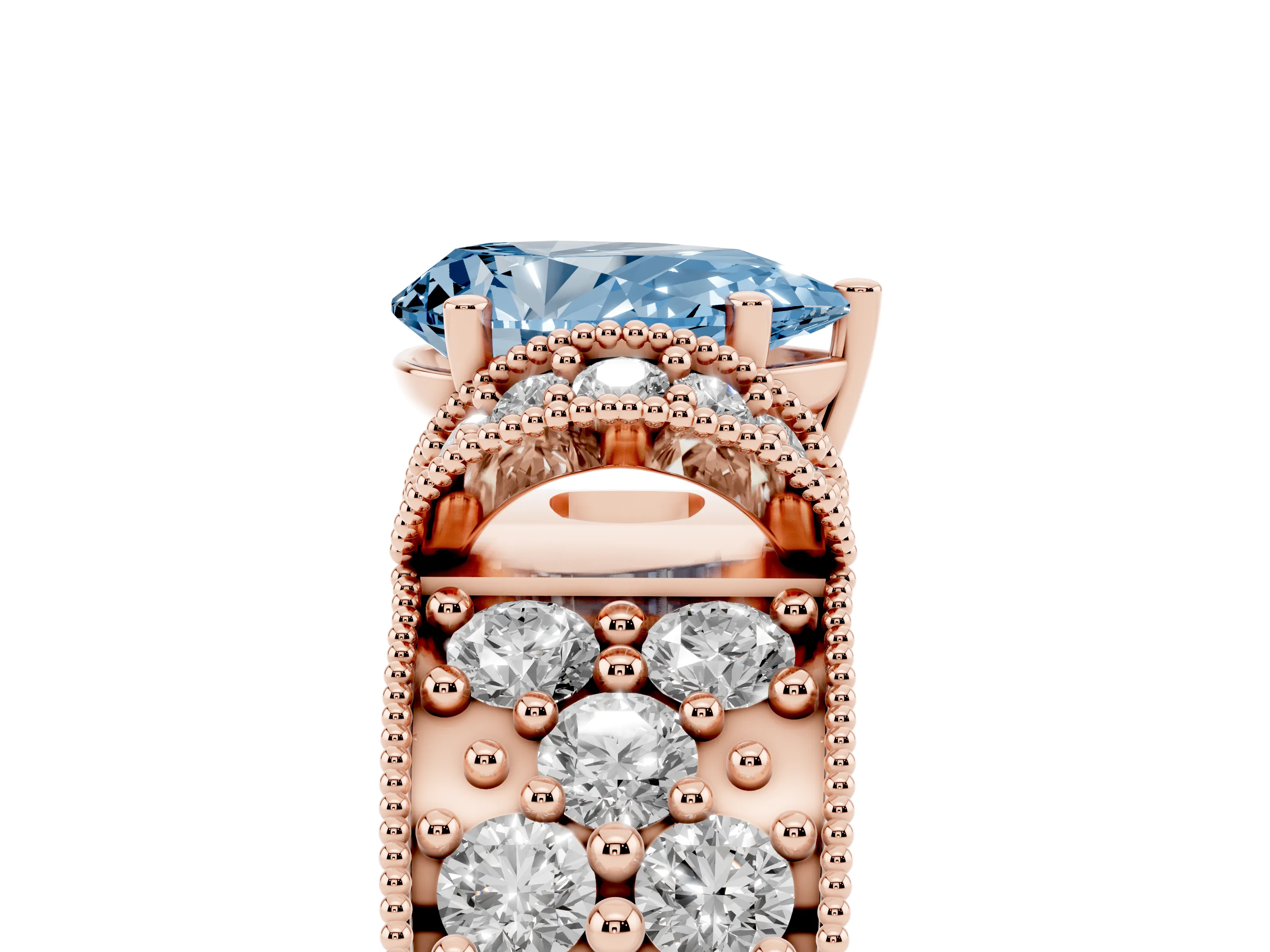 Fancy Blue Pear Cut Diamond Milgrain Halo Pavé Engagement Ring Set in Rose gold with Prong Setting