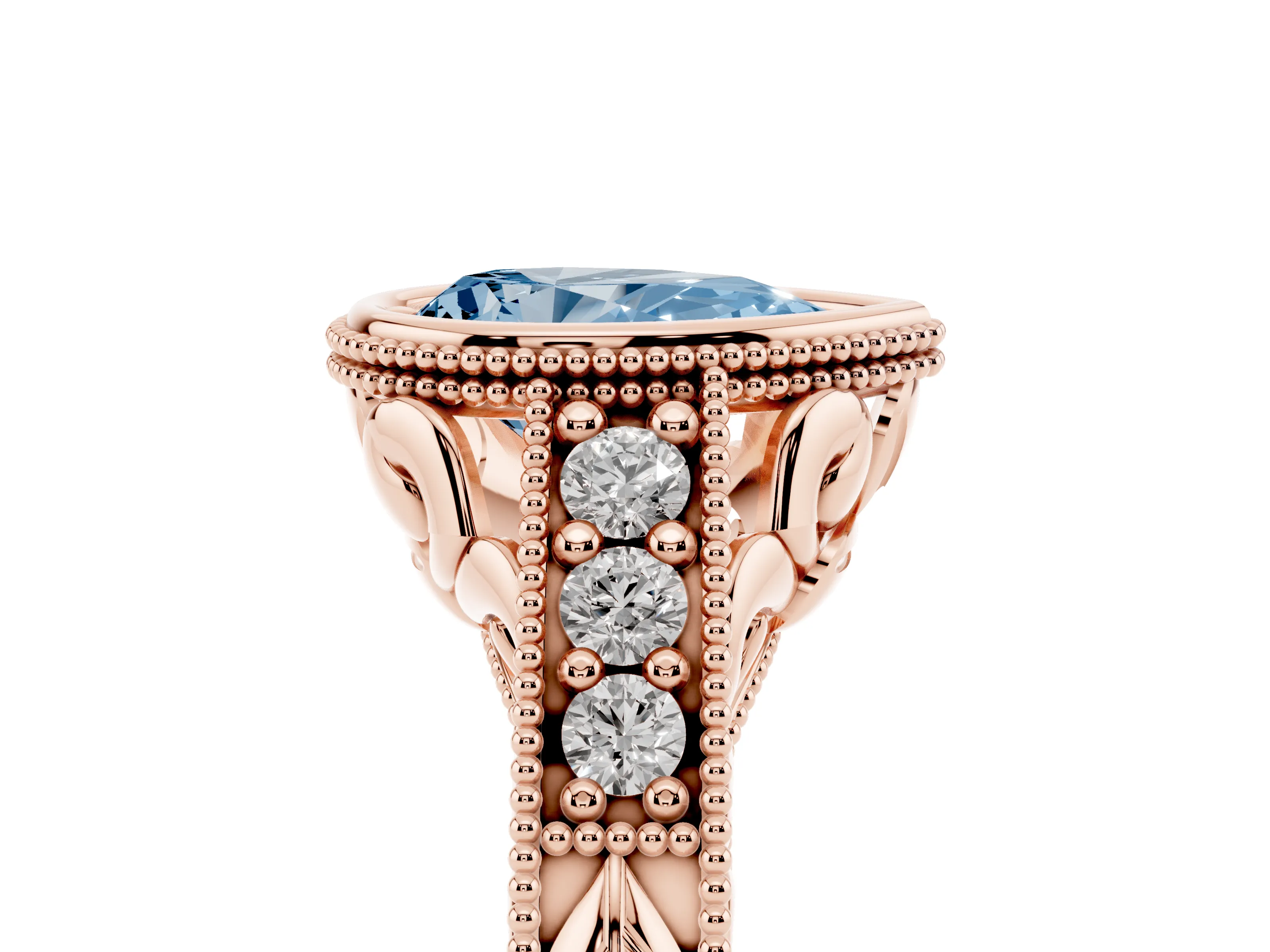 Fancy Blue Bezel Set Pear Cut Diamond Milgrain Pavé Engagement Ring Set in Rose gold