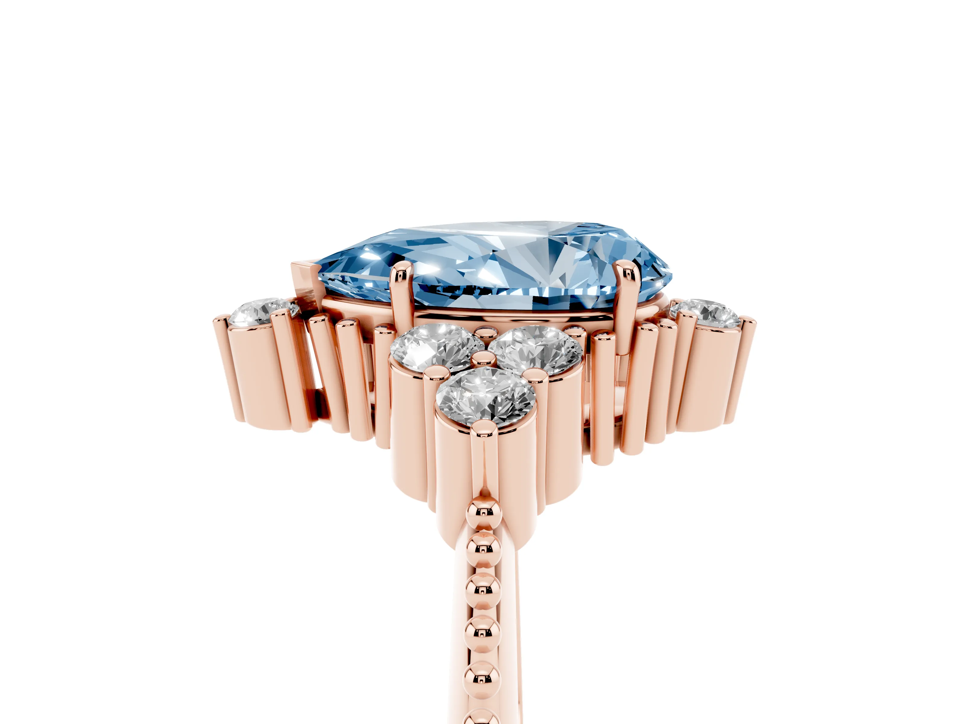 Fancy Blue Pear Cut Diamond Cluster Ring Set in Rose gold with Beaded Band