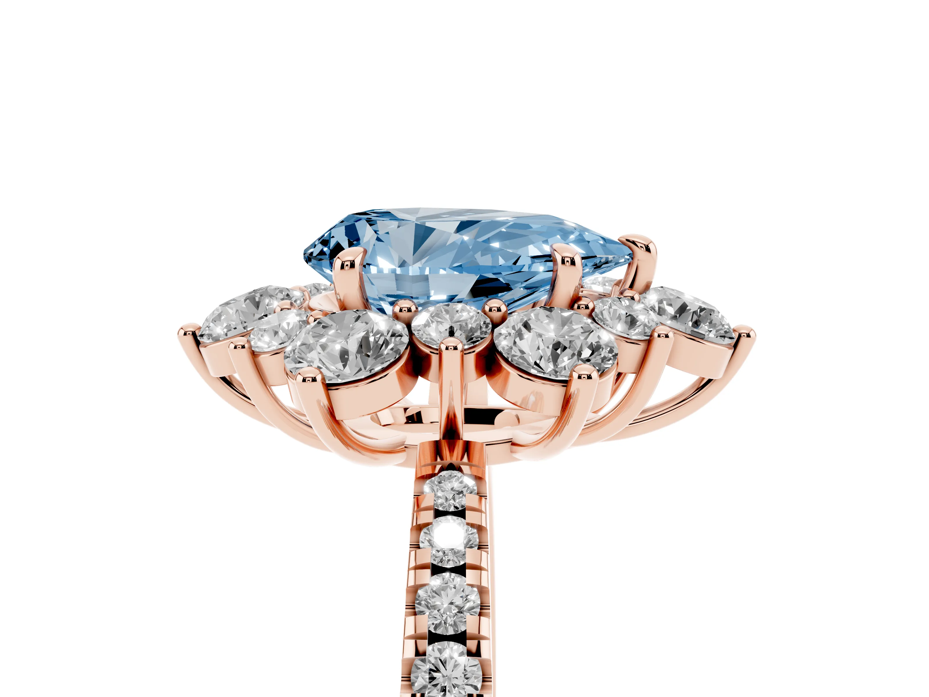 Fancy Blue Pear Cut Diamond Floral Halo Ring Set in Rose gold with Round Pavé Band and Prong Setting