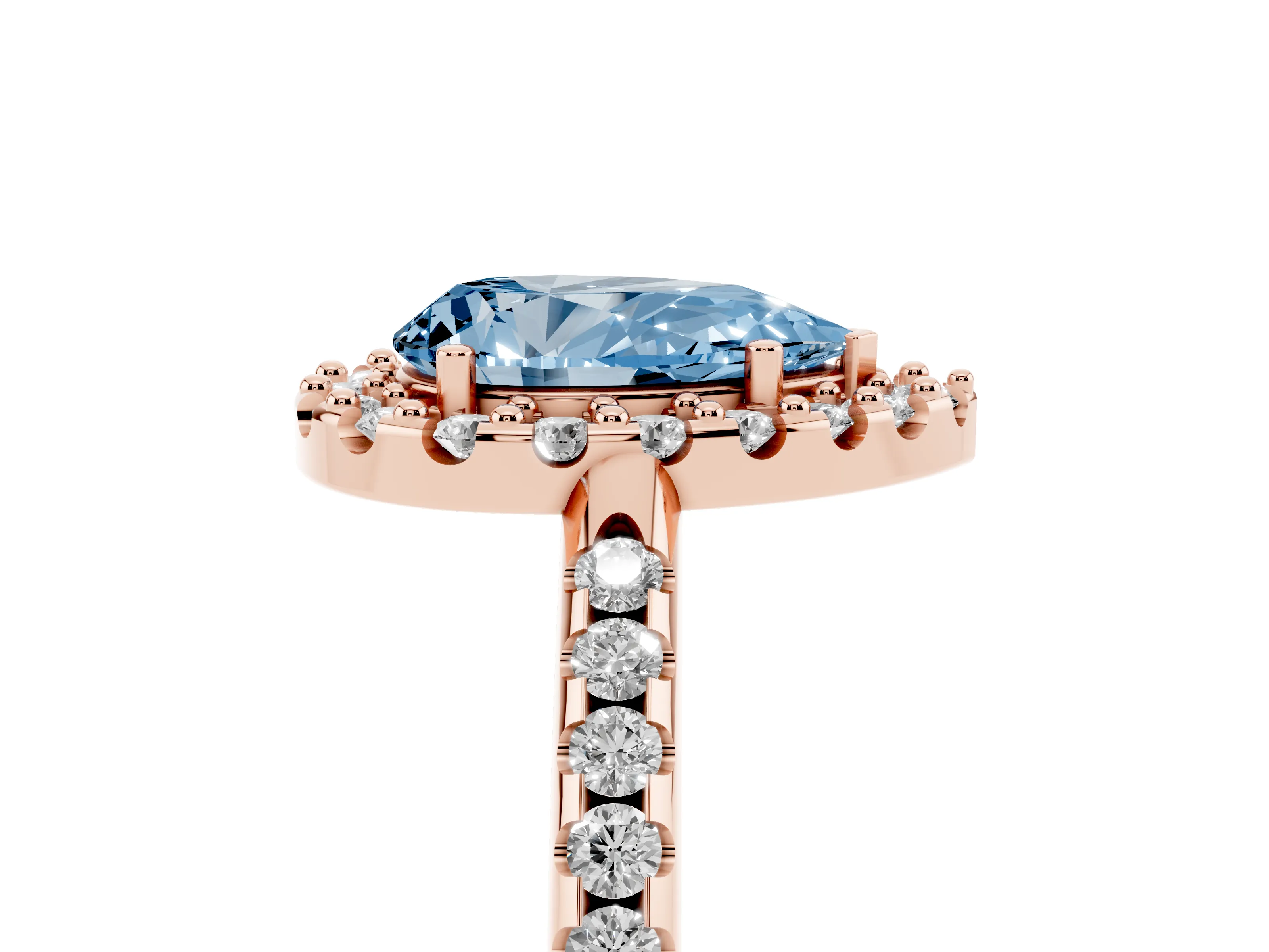 Fancy Blue Pear Cut Diamond Pavé Halo Ring Set in Rose gold with Prong Setting