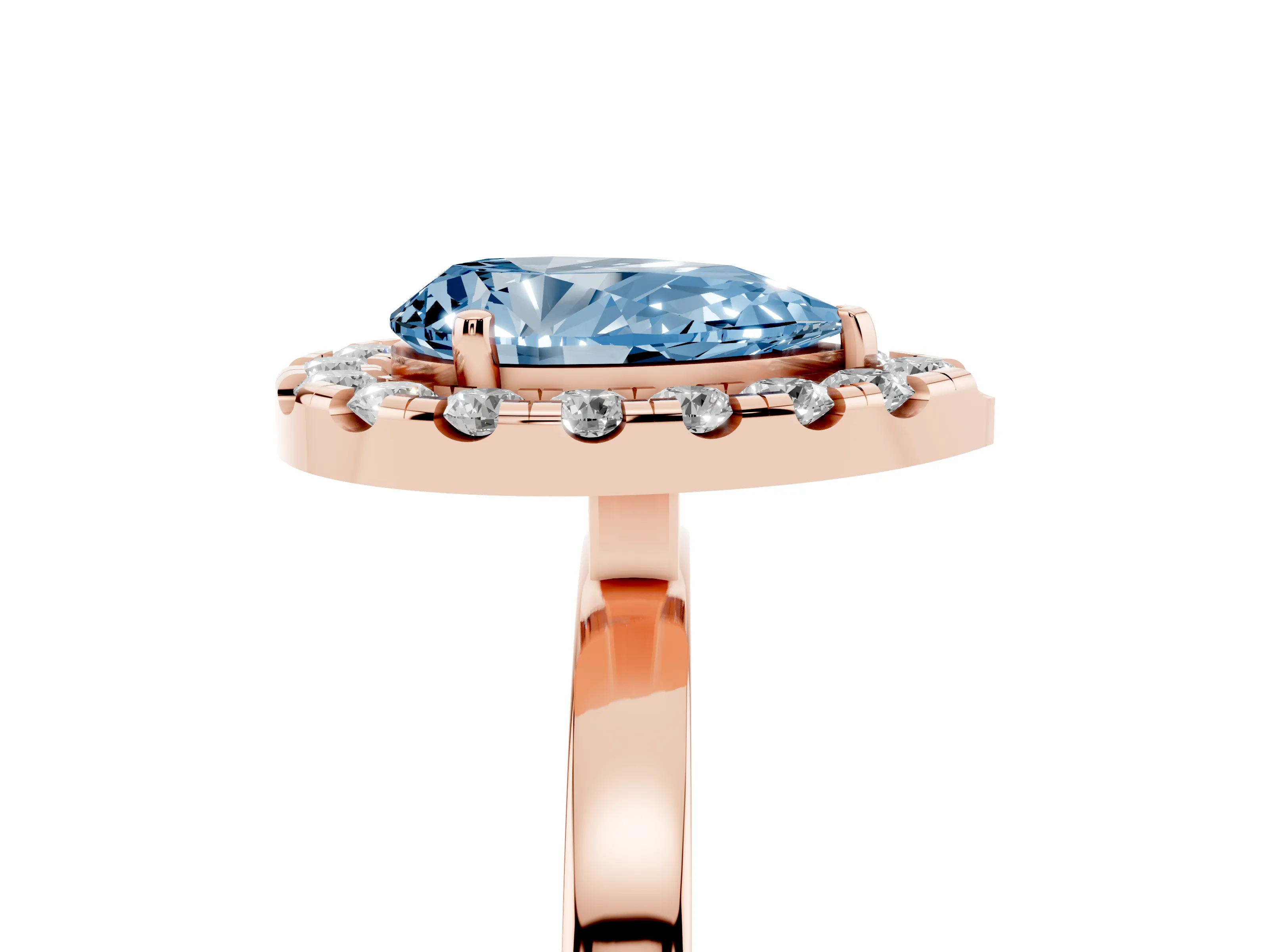 Fancy Blue Pear Cut Diamond Halo Solitaire Ring Set in Rose gold with Pavé Band and Prong Setting
