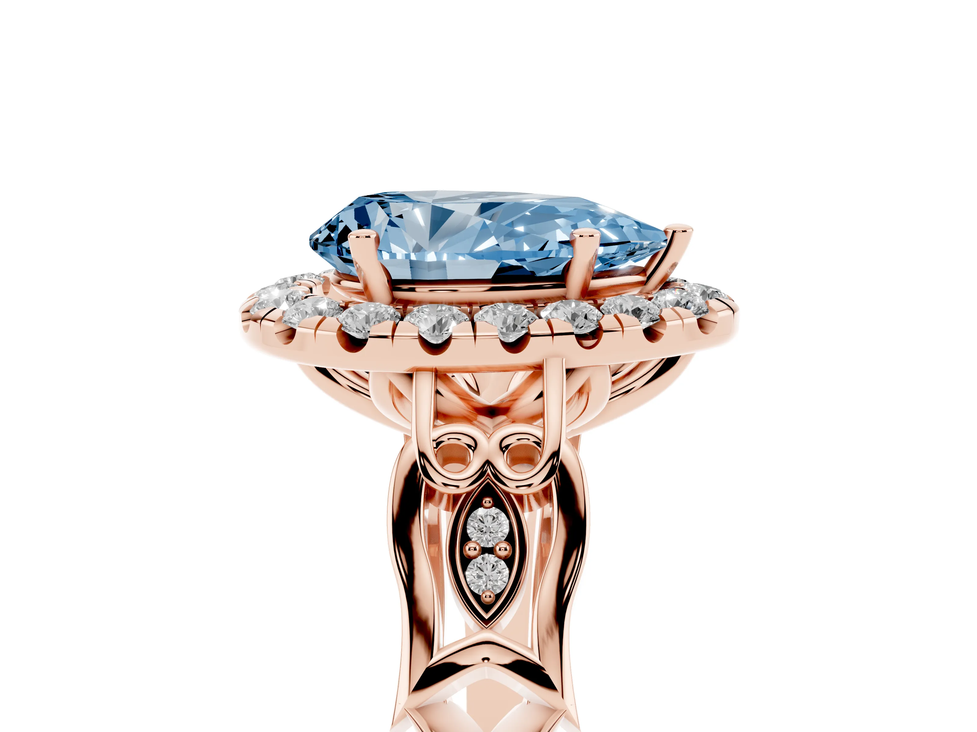 Fancy Blue Pear Cut Diamond Halo Engagement Ring Set in Rose gold with Filigree Band and Prong-Set Center