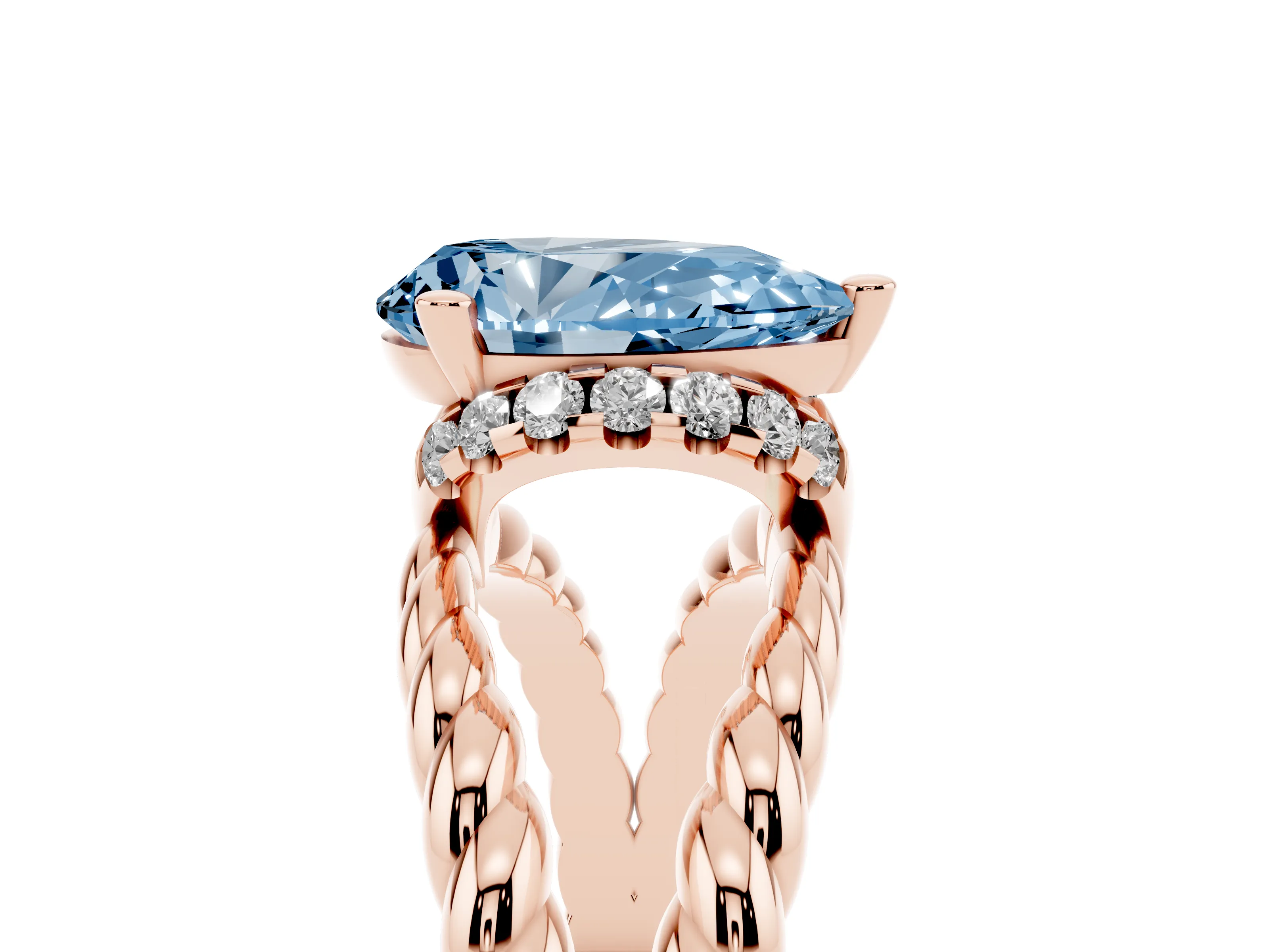 Fancy Blue Pear Cut Diamond Halo Ring Set in Rose gold with Twisted Band and Prong Setting