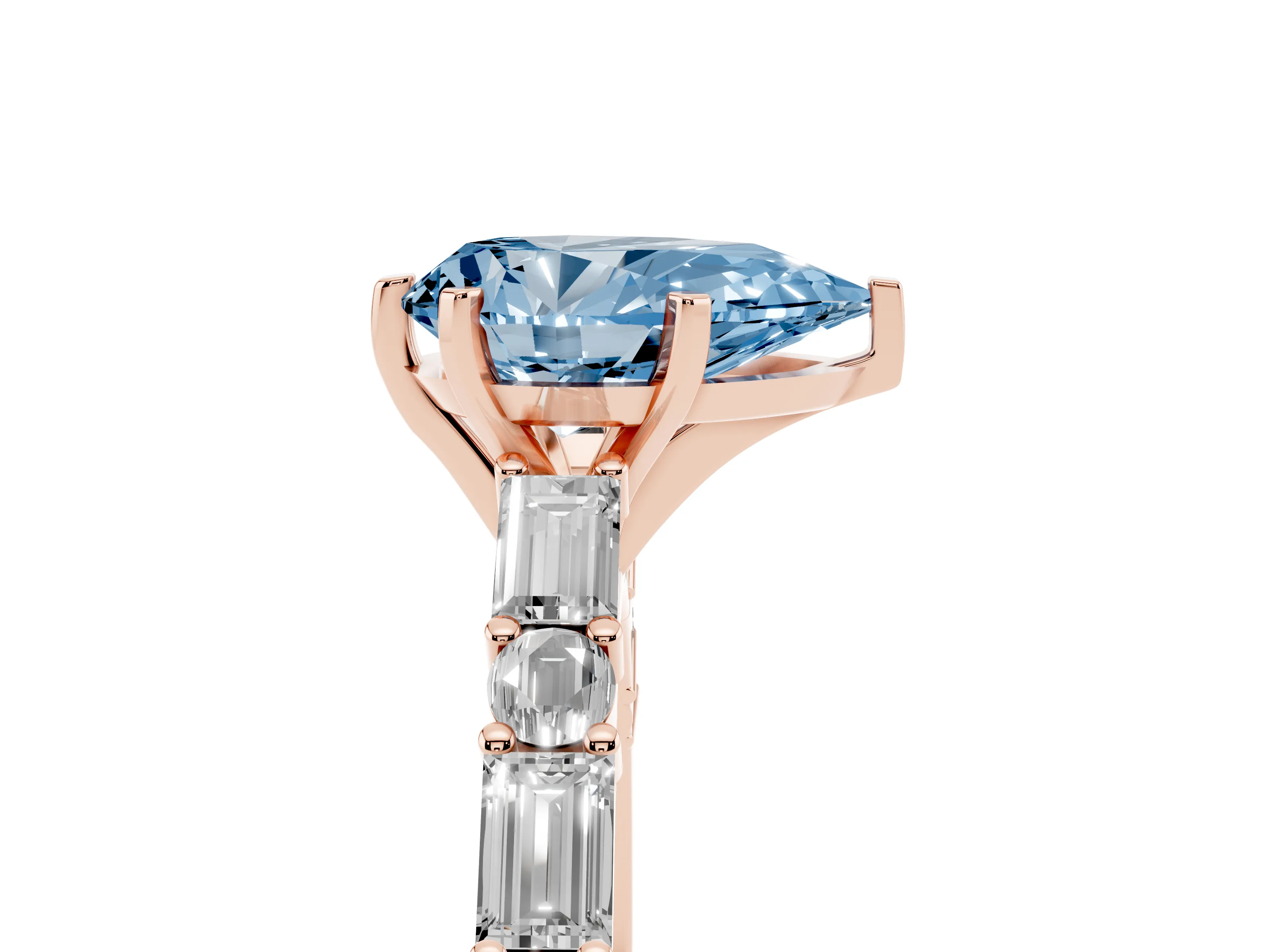 Fancy Blue Pear Cut Diamond Solitaire Set in Rose gold with Side Baguettes and Channel Set Band