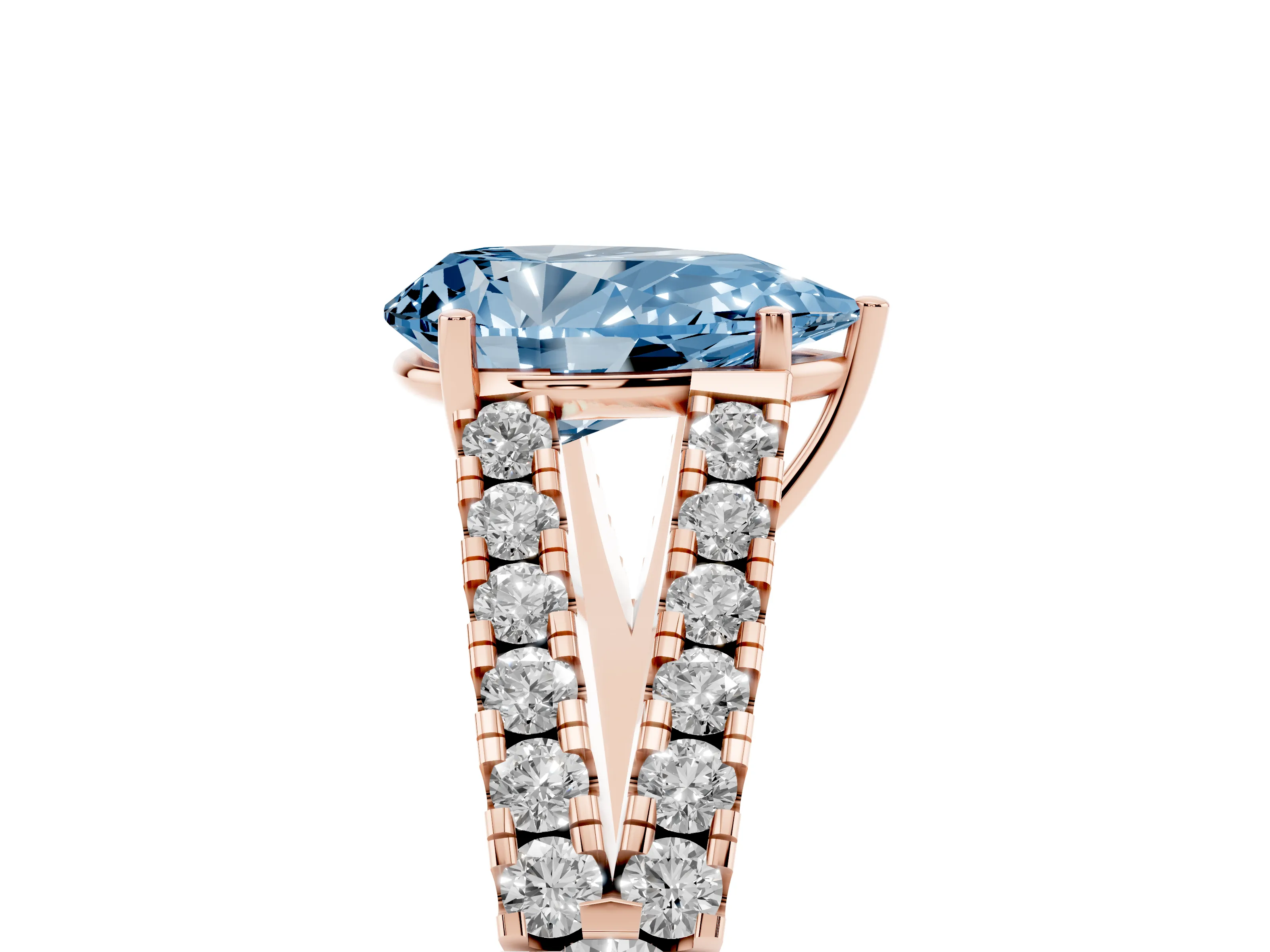 Fancy Blue Pear Cut Diamond Split Shank Pavé Engagement Ring Set in Rose gold with Prong-Held Center Stone