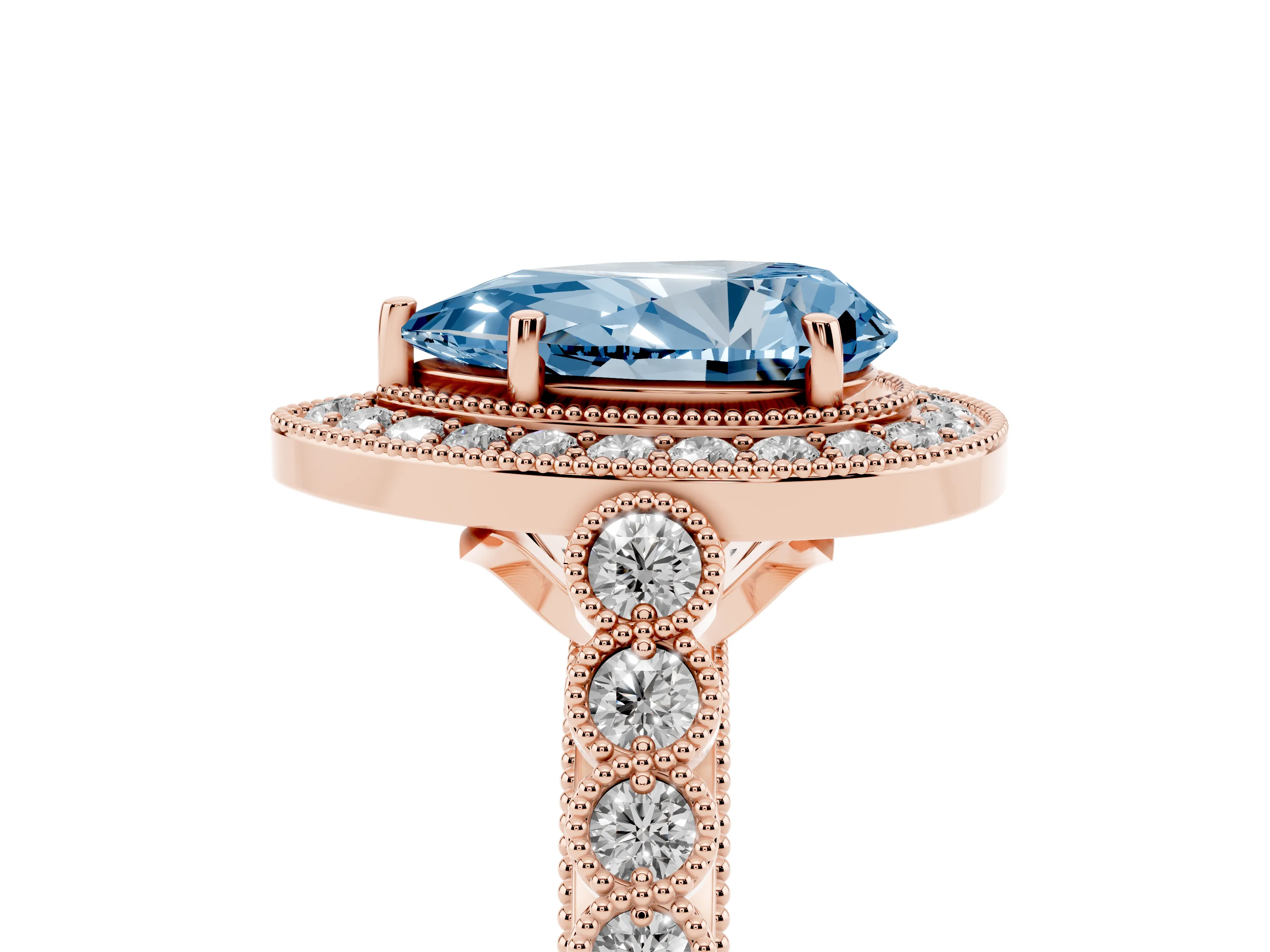 Fancy Blue Pear Cut Diamond Milgrain Halo Solitaire Ring Set in Rose gold with Bezel Set Side Stones and Pavé Band