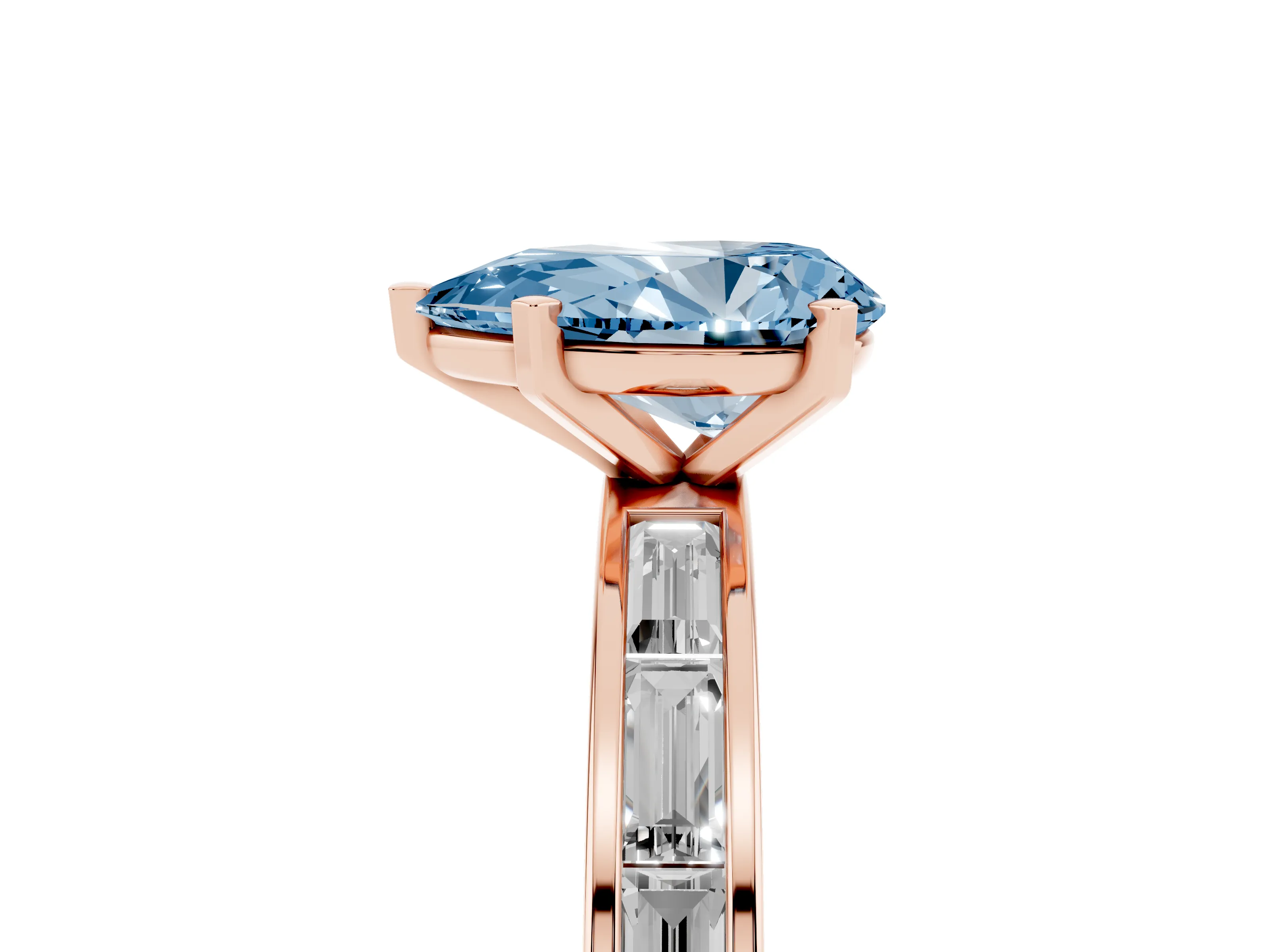 Fancy Blue Pear Cut Diamond Solitaire Ring Set in Rose gold with Channel-Set Baguette Band and Prong Setting