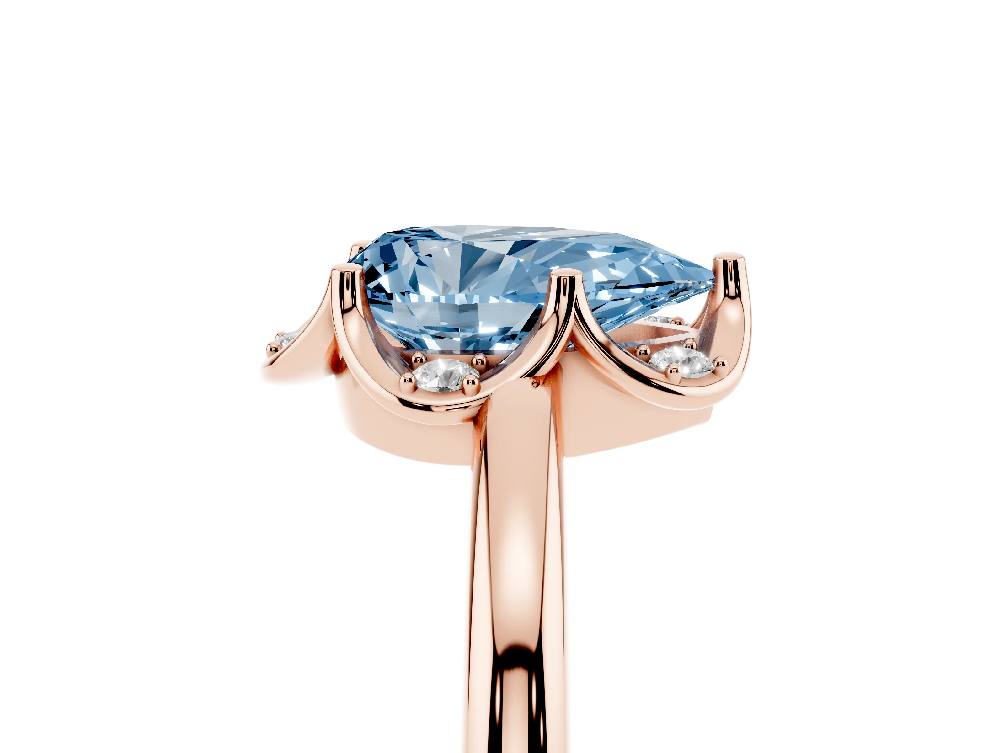 Fancy Blue Pear Cut Diamond Round Cluster Halo Ring Set in Rose gold with Solitaire Band and Prong Setting