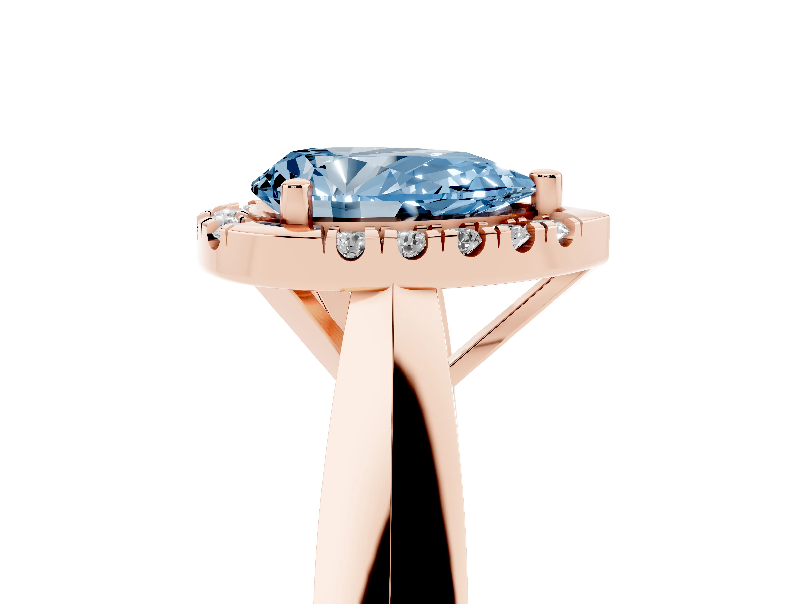 Fancy Blue Pear Cut Diamond Halo Solitaire Engagement Ring Set in Rose gold with Square Band and Prong Setting
