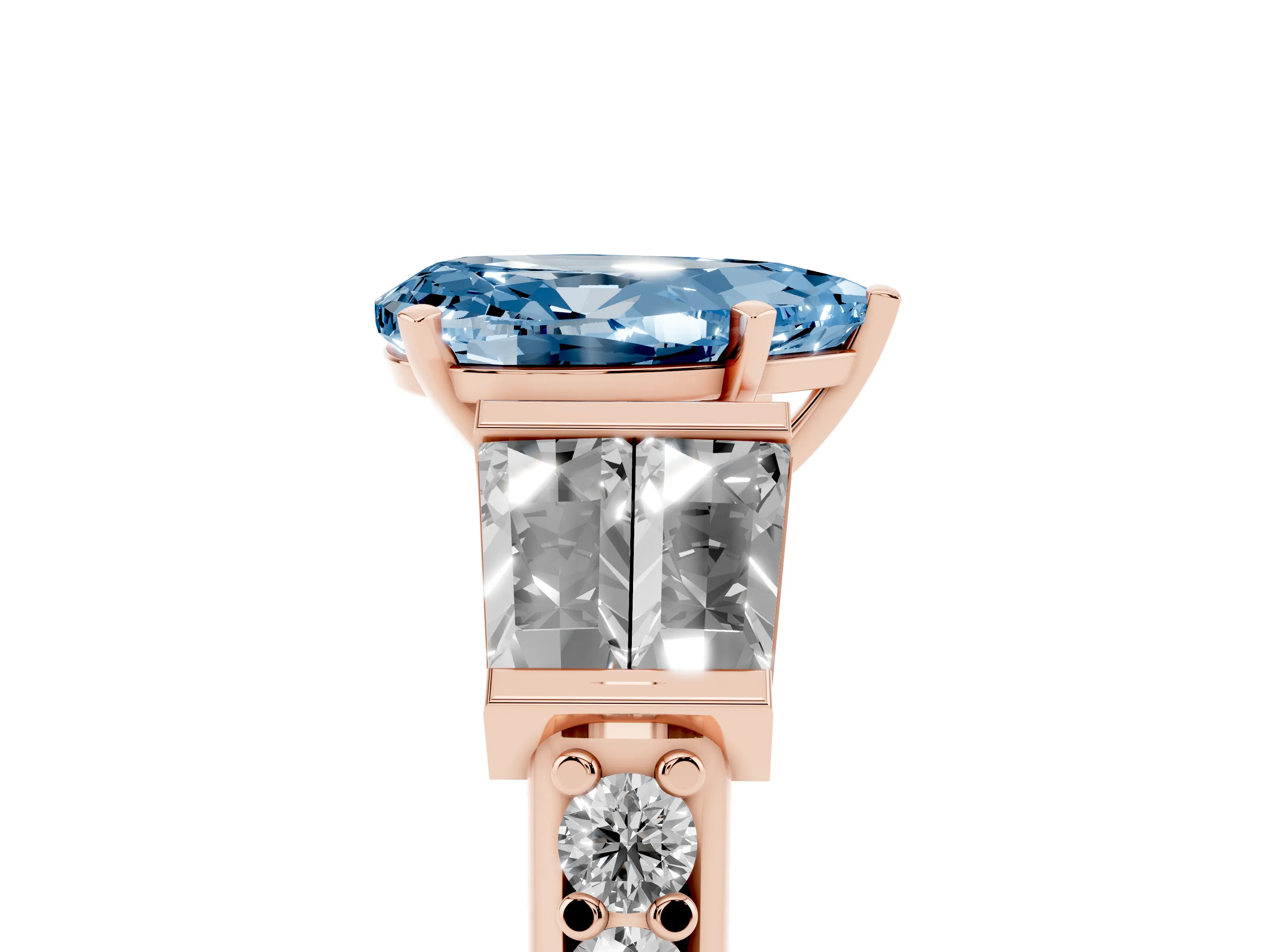 Fancy Blue Pear Cut Diamond Engagement Ring Set in Rose gold with Baguette Side Stones and Channel Set Band