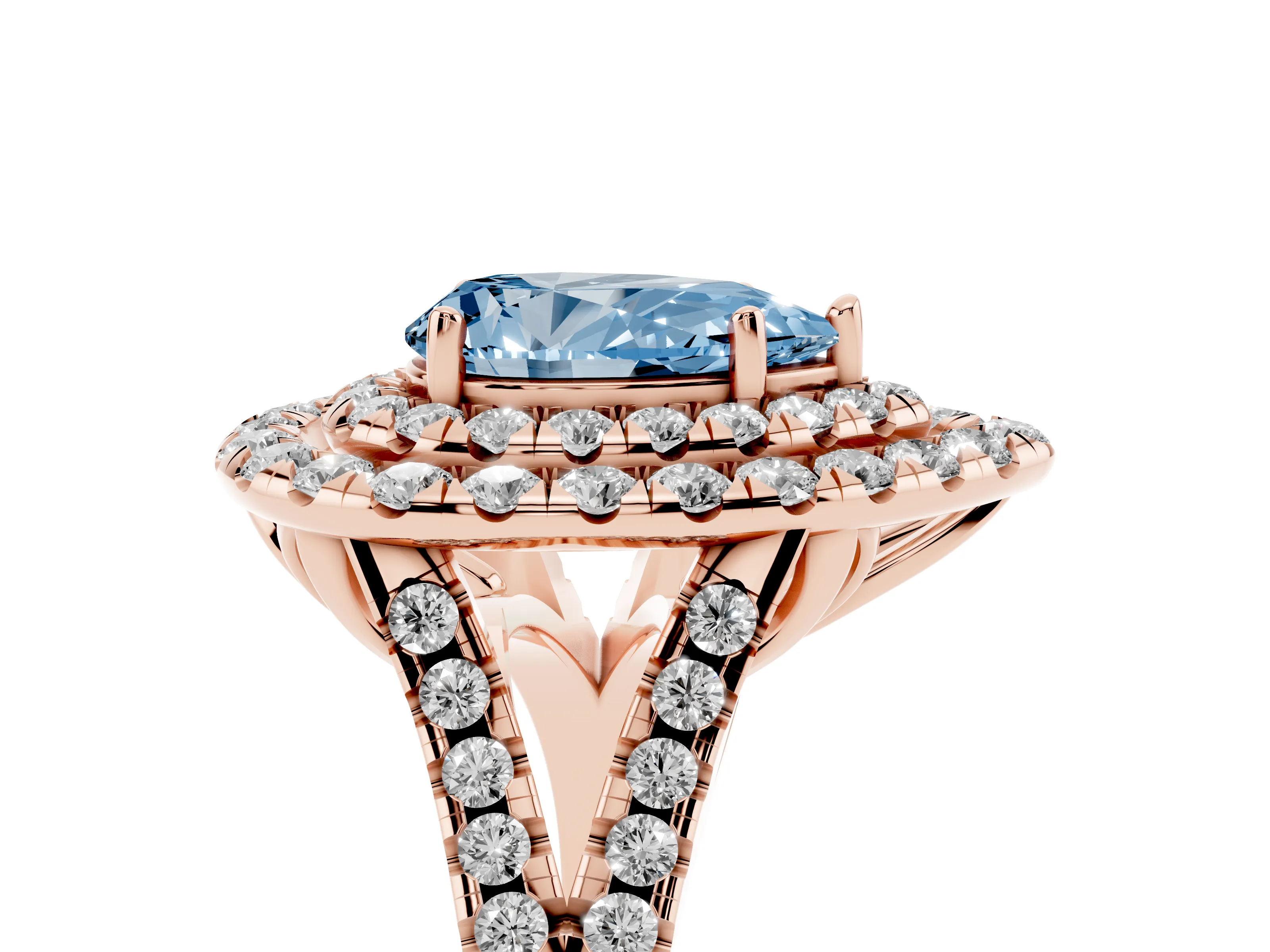 Fancy Blue Pear Cut Diamond Double Halo Ring Set in Rose gold with Pavé Split Shank and Prong Setting