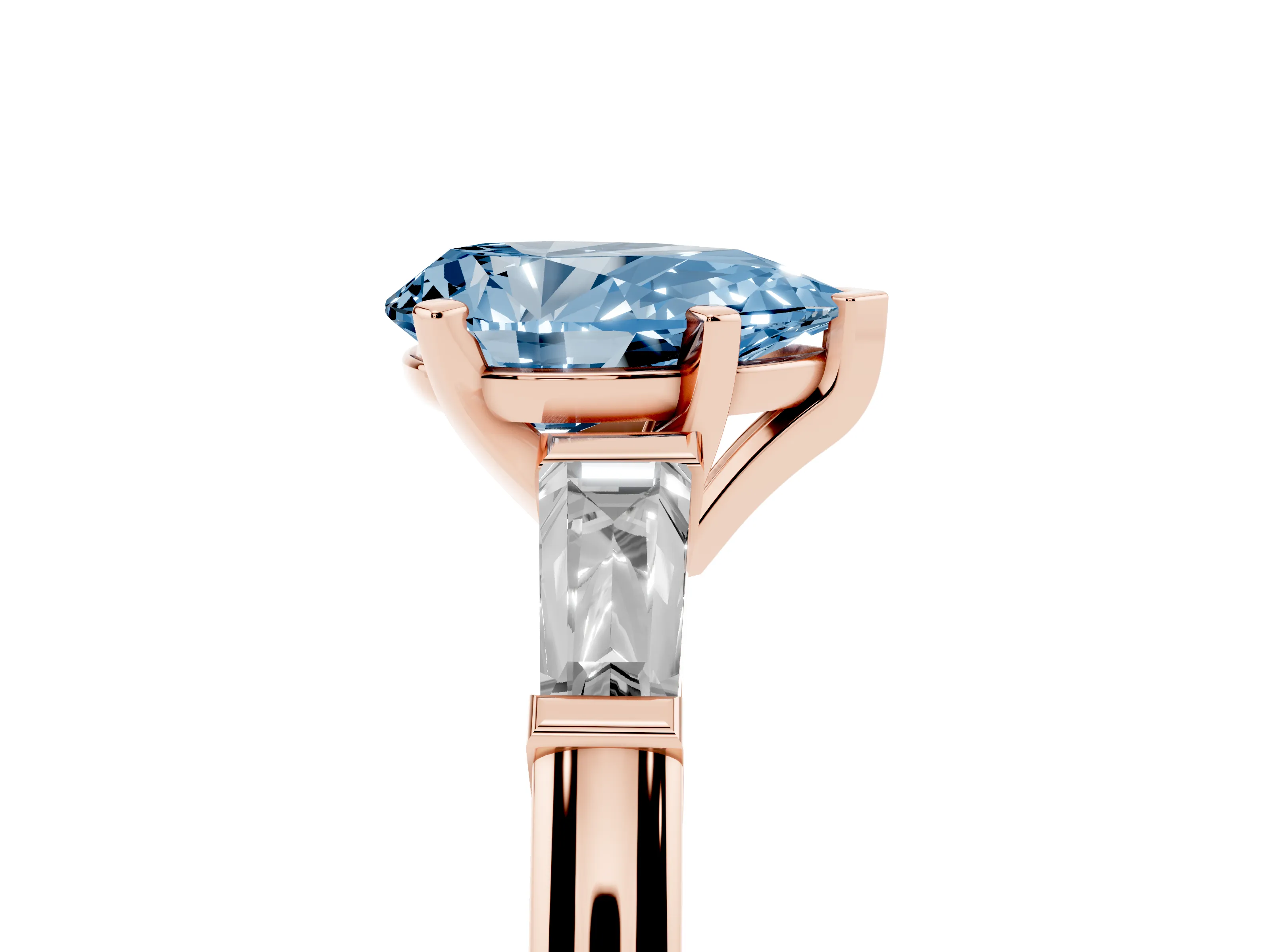 Fancy Blue Pear Cut Diamond Solitaire Ring Set in Rose gold with Tapered Baguette Side Stones and Prong Setting