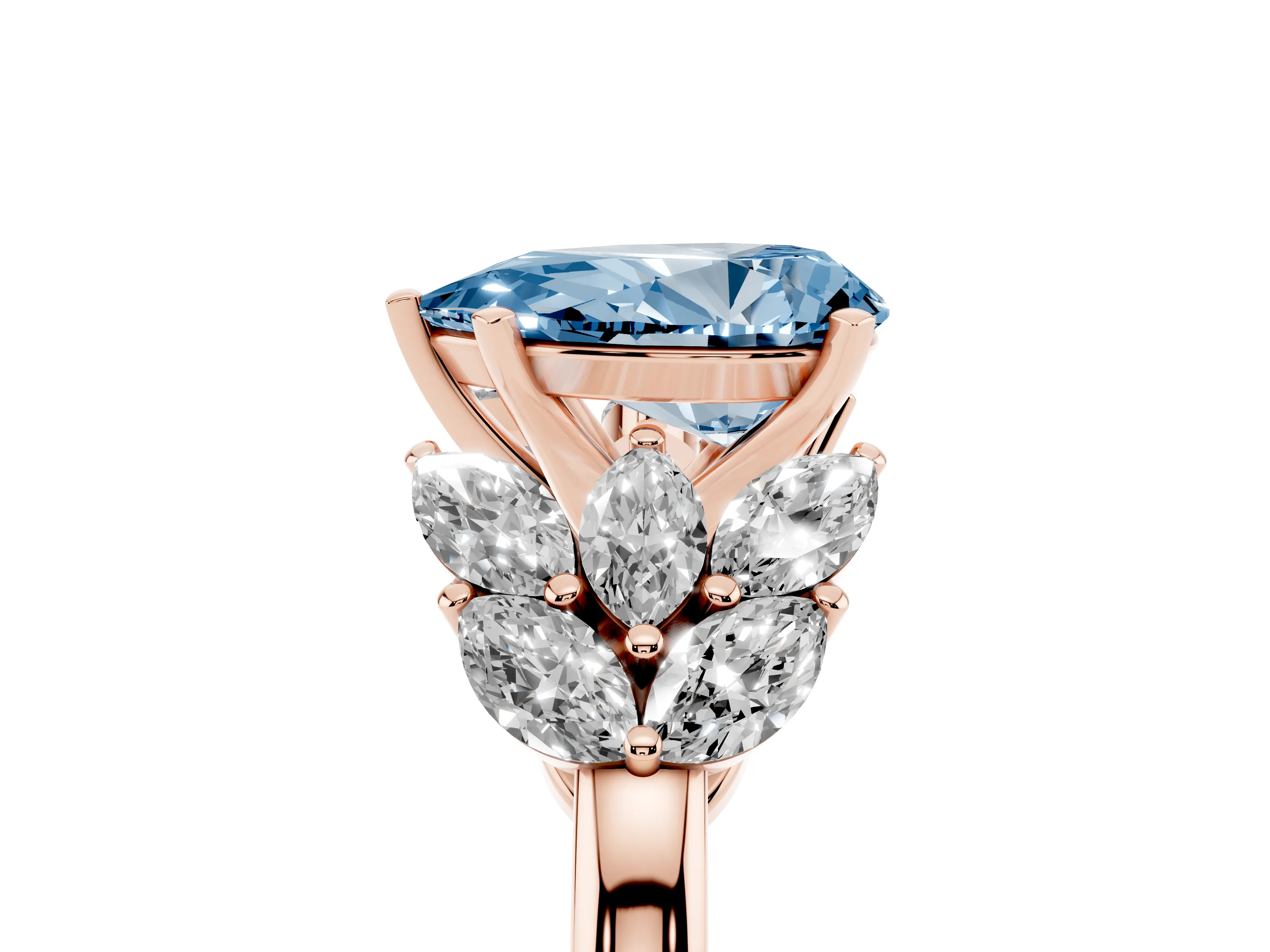 Fancy Blue Pear Cut Diamond Cluster Leaf Design Ring Set in Rose gold with Prong Setting