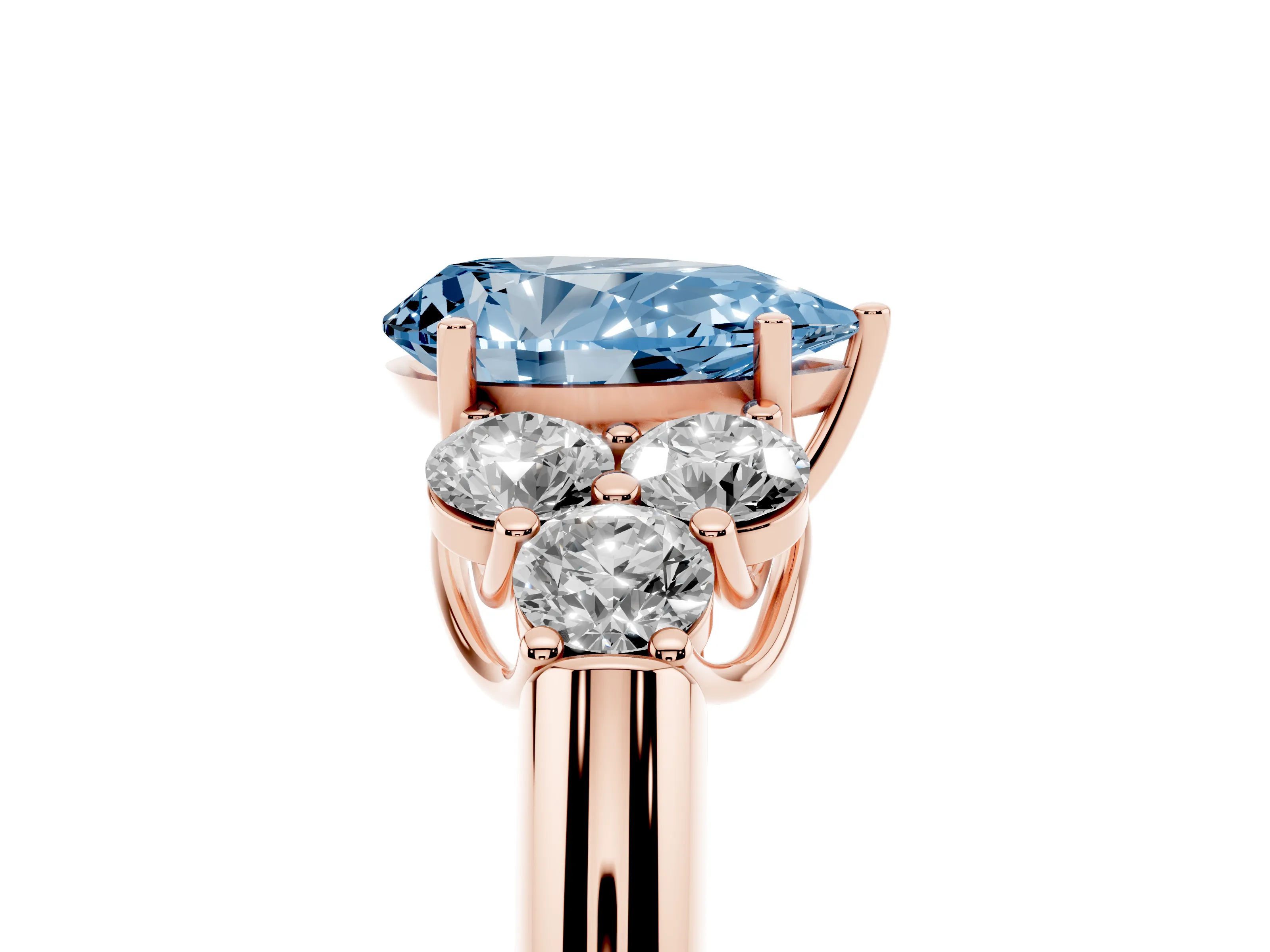Fancy Blue Pear Cut Diamond Cluster Ring Set in Rose gold with Round Accent Stones and Prong Setting on a Plain Band
