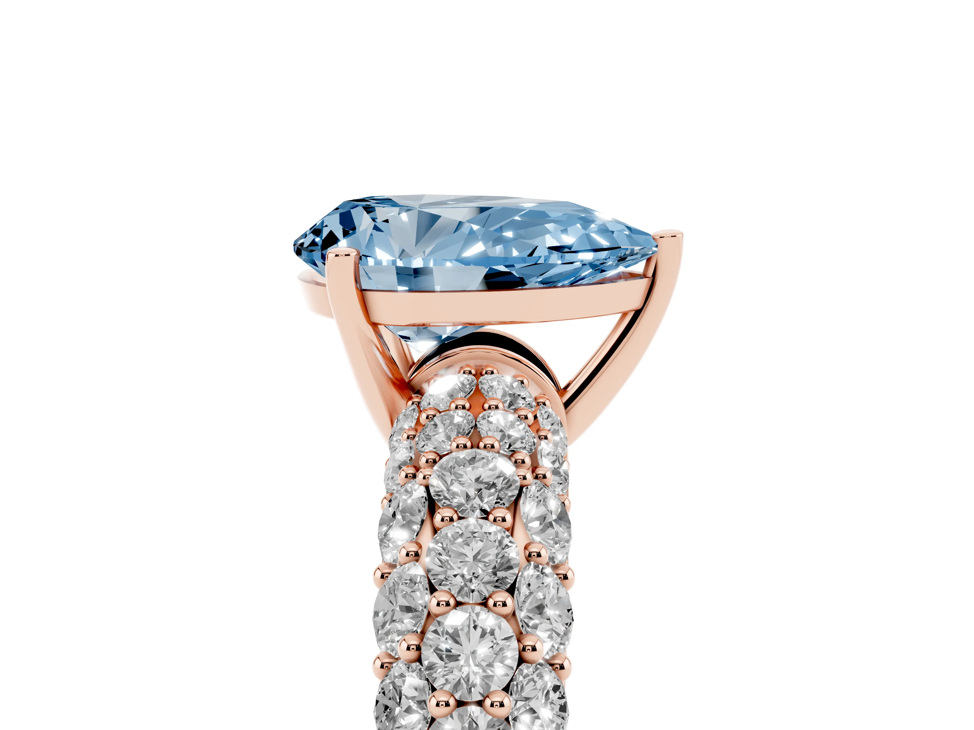 Fancy Blue Pear Cut Diamond Pavé Band Solitaire Ring Set in Rose gold with Close-Set Accent Stones and Prong Setting