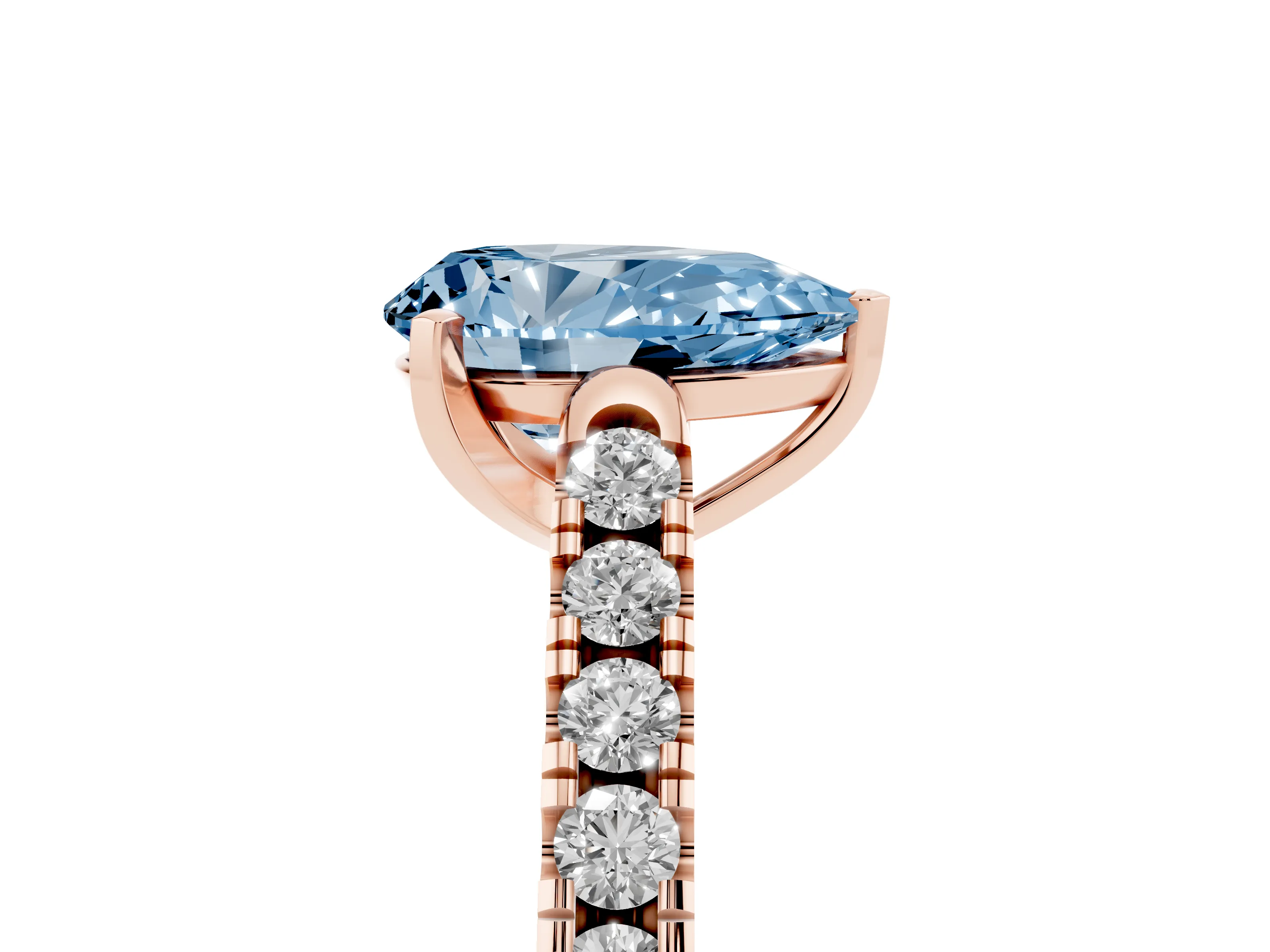 Fancy Blue Pear Cut Diamond Pavé Band Solitaire Ring Set in Rose gold with Partway Accent Stones and Prong Setting