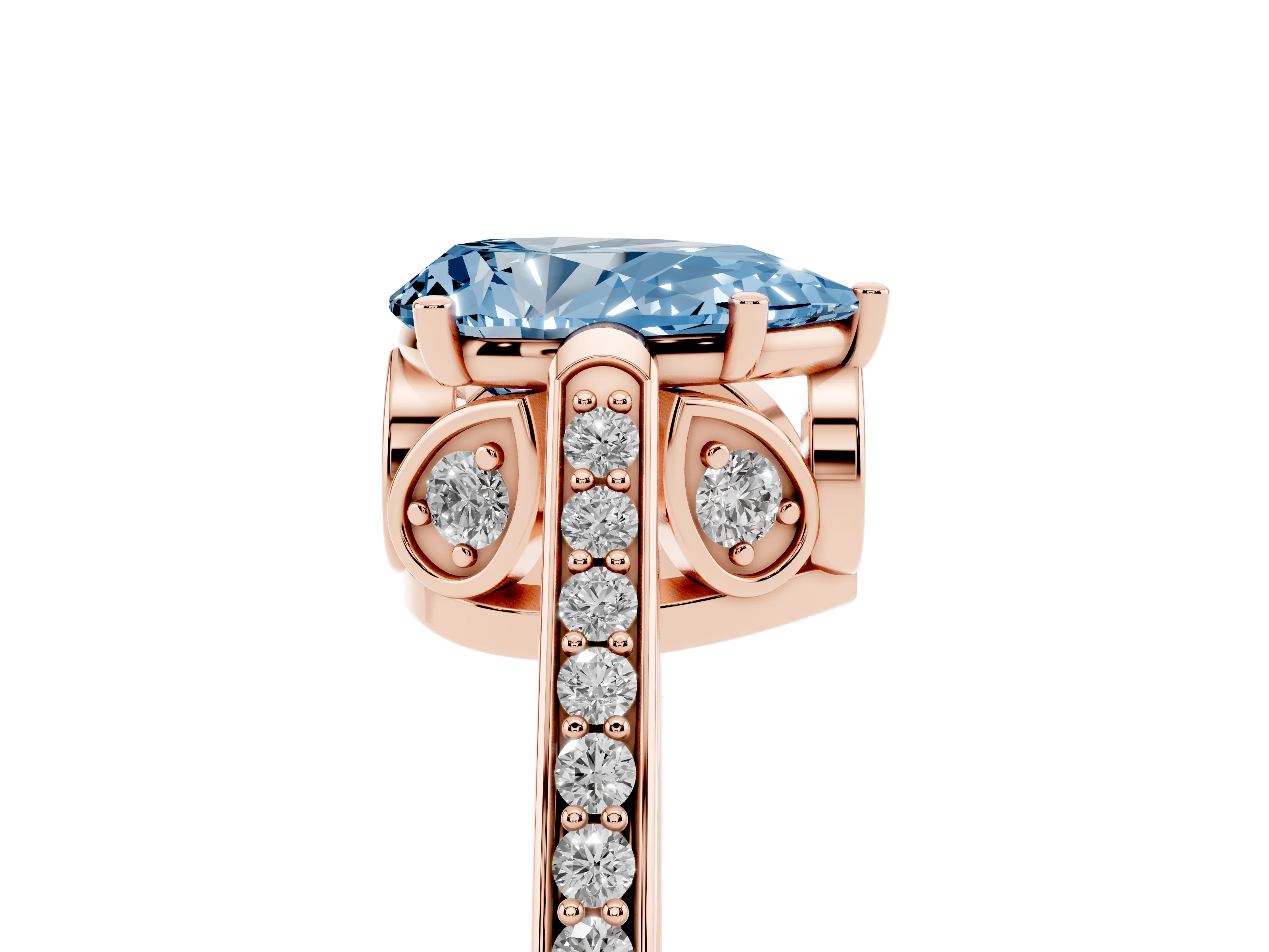 Fancy Blue Pear Cut Diamond Cathedral Pavé Engagement Ring Set in Rose gold with Prong Setting